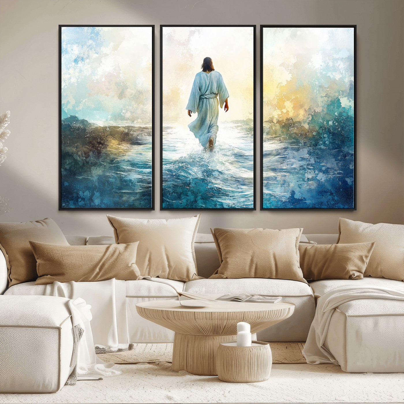 MGV-FC-48X32-3P - Watercolor Jesus Walking on Water Canvas Print, Christian Wall Art, Jesus Christ Walking