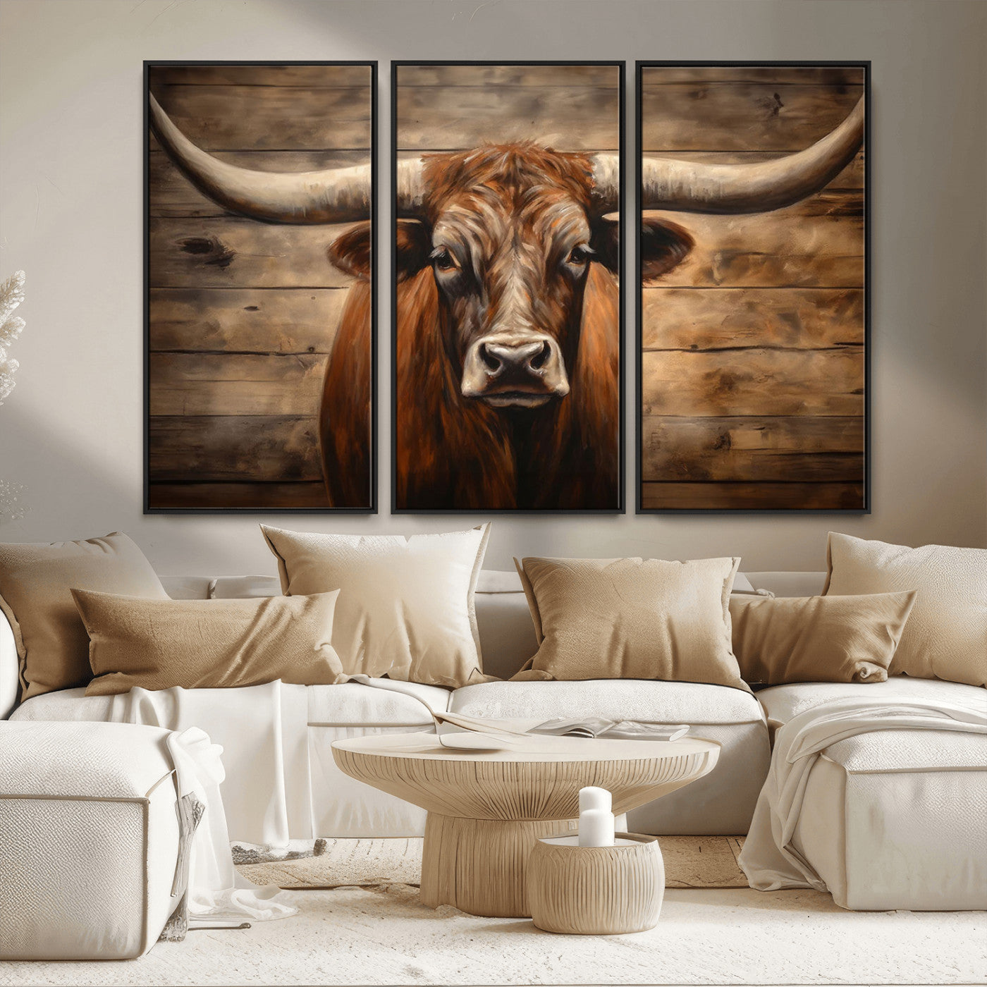 77556-MGV-FC-48X32-3P_Black-Longhorn Bull Wall Art | Canvas Print | Ready to Hang | Rustic Farmhouse Wall Decor | Western Barn