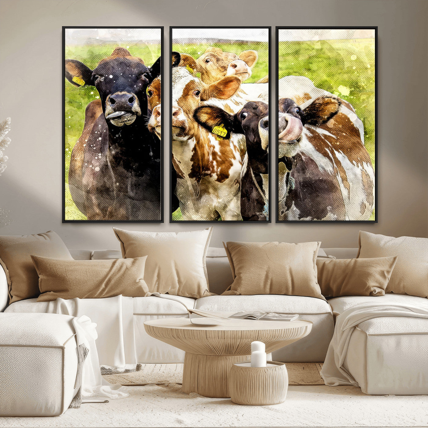 MGV-FC-48X32-3P - Curious Cows Farmhouse Wall Art | Ready to Hang and Framed Canvas Print | Rustic Farm Decor