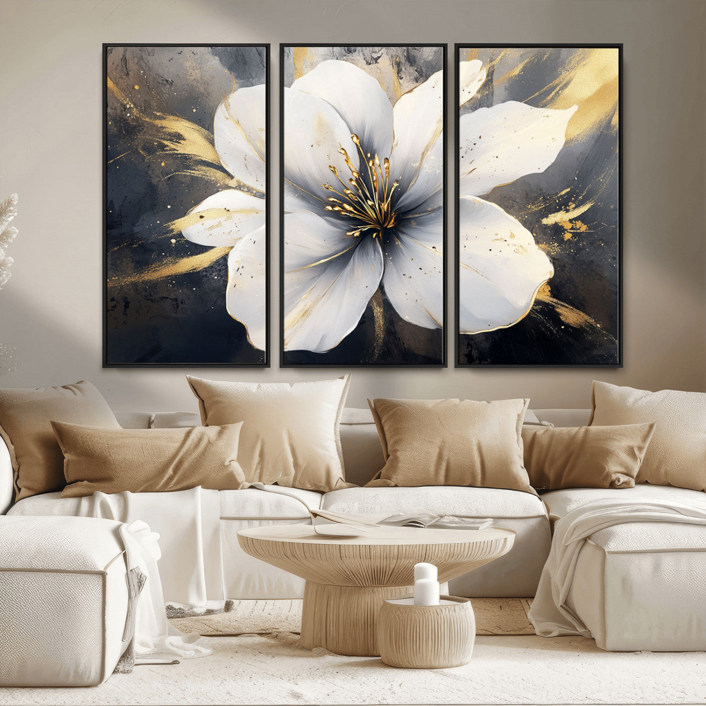 MGV-FC-48X32-3P - White Flower Wall Art Canvas Print | Ready to Hang | Abstract Floral Wall Decor | Elegant Bloom