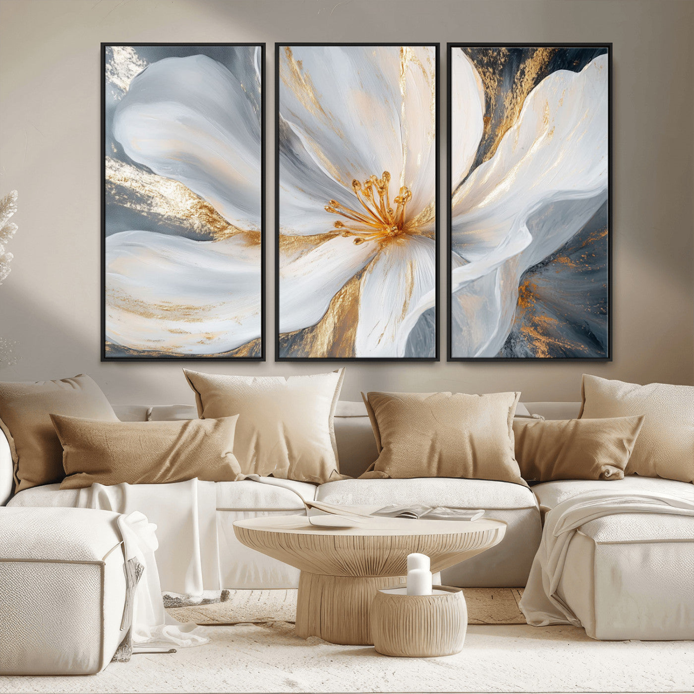 MGV-FC-48X32-3P - White and Gold Floral Canvas Wall Art - Framed and Ready to Hang - Perfect for Modern Living Rooms