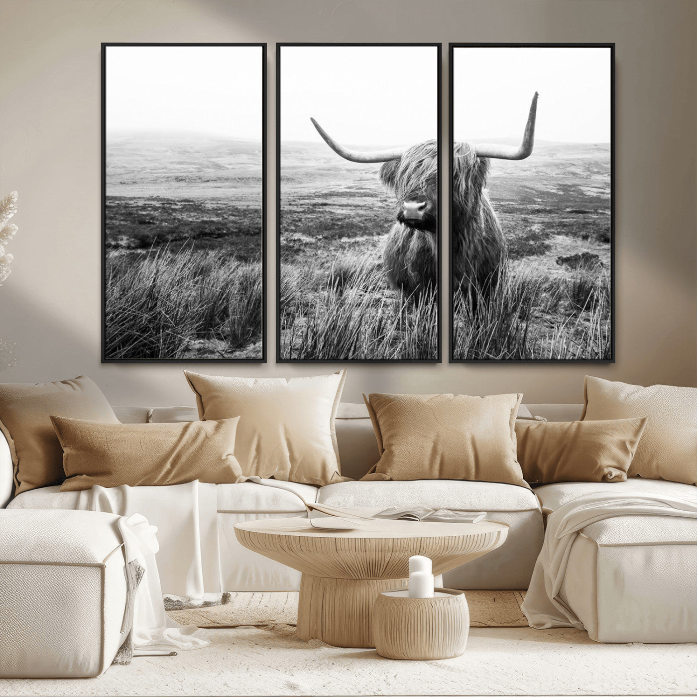 MGV-FC-48X32-3P - Scottish Highland Cow Wall Art | Black and White Canvas Print | Ready to Hang and Framed | Rustic