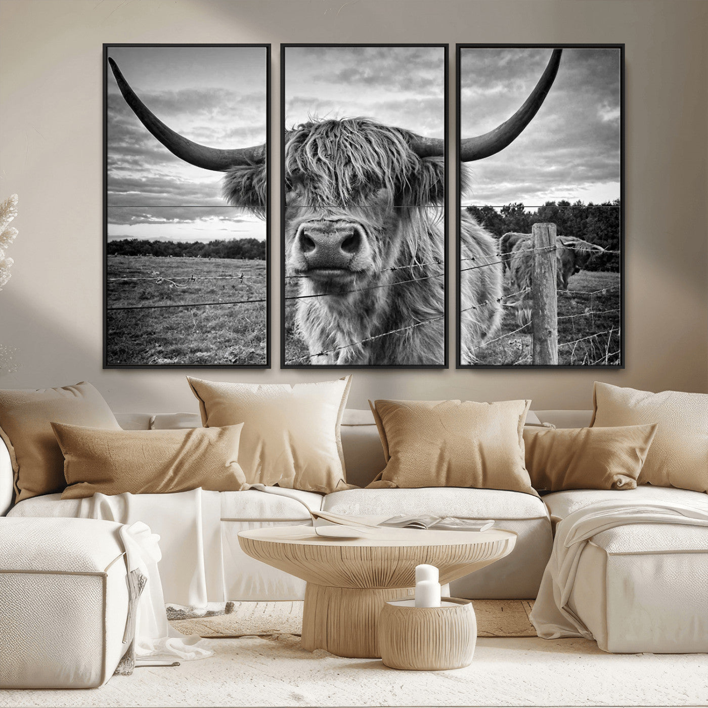MGV-FC-48X32-3P - Scottish Highland Cow Wall Art Canvas Print | Ready to Hang and Framed | Rustic Farmhouse Decor
