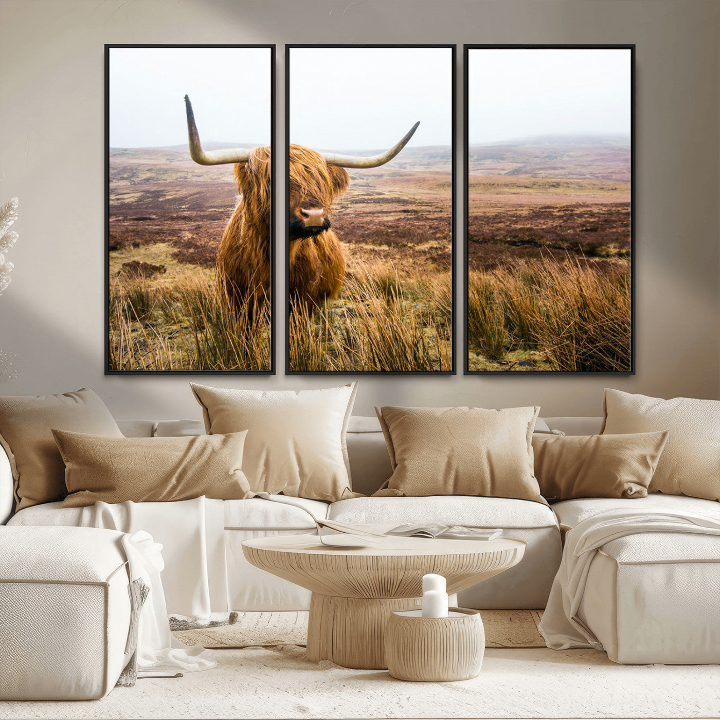 97274-MGV-FC-48X32-3P_Black-Scottish Highland Cow Canvas Wall Art – Rustic Farmhouse Charm with Highland Cattle – Ready to Hang