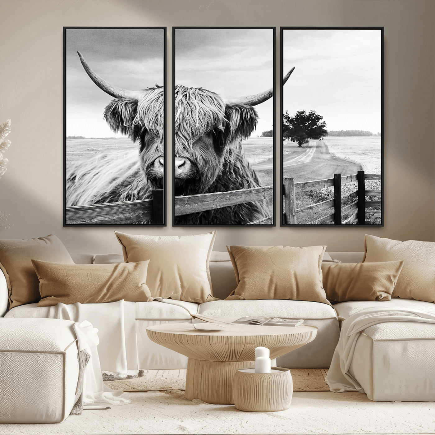 MGV-FC-48X32-3P - Scottish Highland Cow Wall Art | Rustic Farmhouse Décor | Black and White Ready to Hang Canvas Print