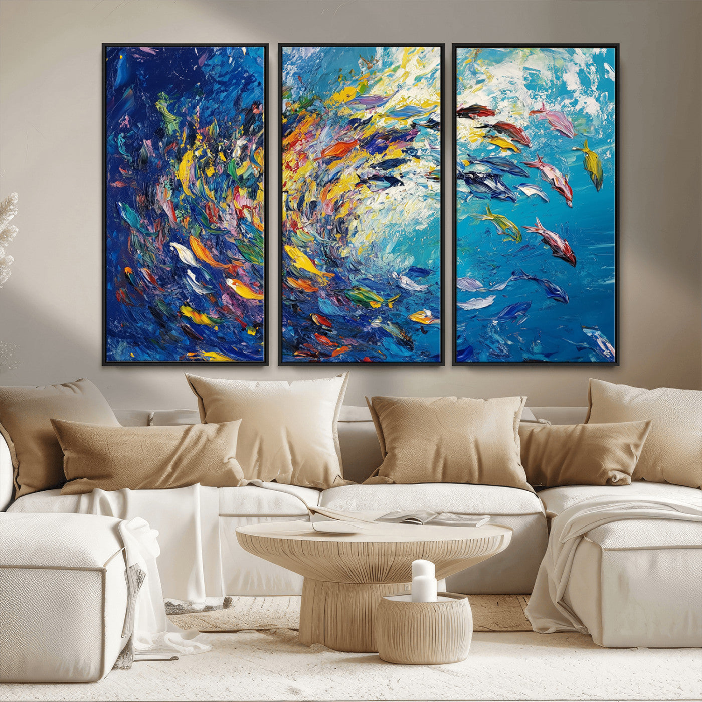 MGV-FC-48X32-3P - Colorful Swirling Fish School Wall Art Canvas Print | Oceanic Abstract Painting | Ready to Hang |