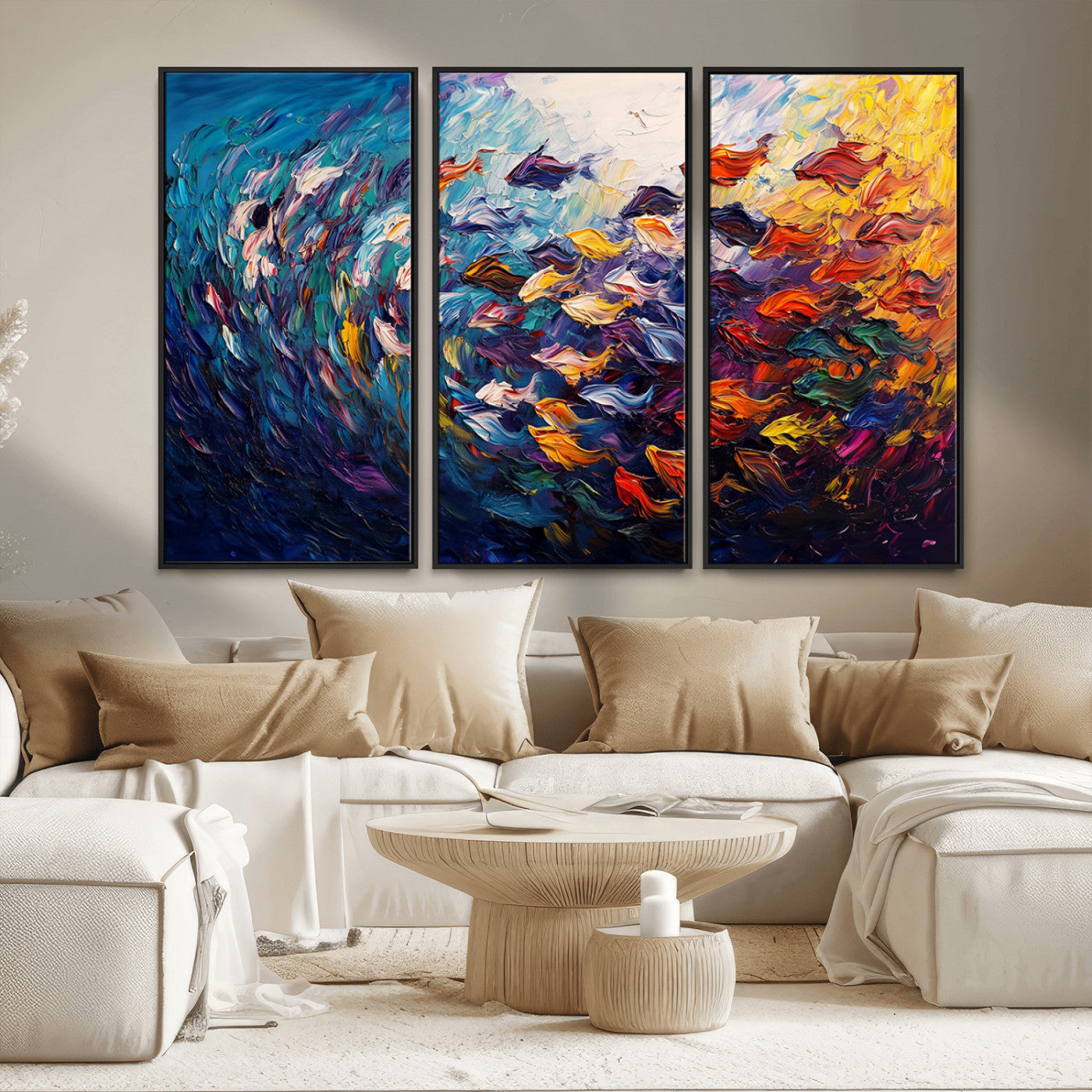 MGV-FC-48X32-3P - Vibrant Abstract Fish Swarm Art – Colorful Fish Inspired 3-Piece Canvas Wall Art for Living Room or