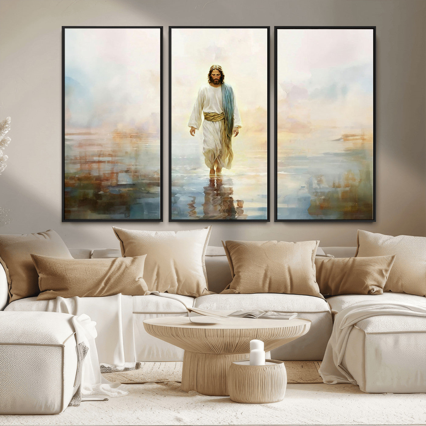 MGV-FC-48X32-3P - Framed Jesus Walking on Water Wall Art - 3-Panel Christian Canvas Prints, Religious Artwork for