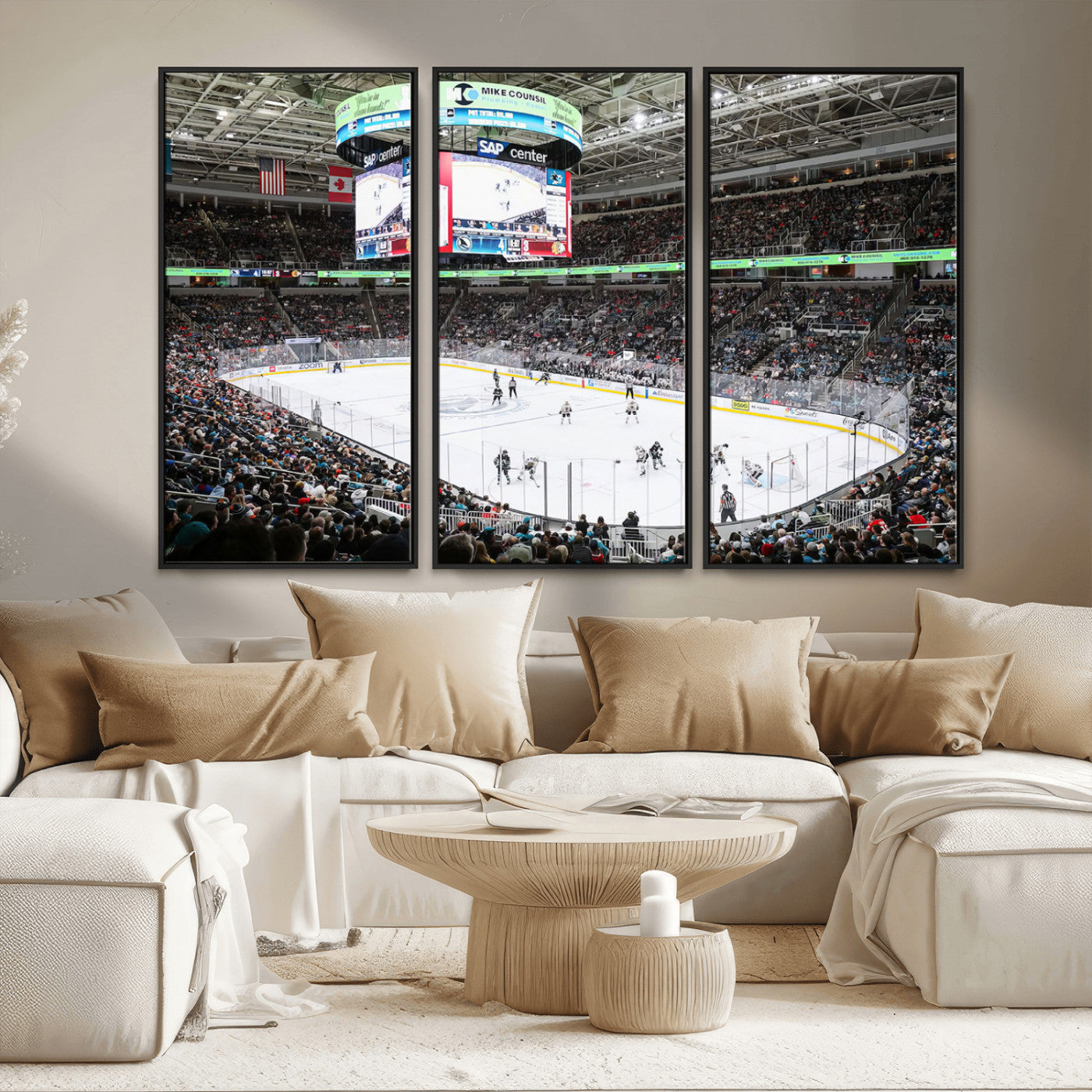 MGV-FC-48X32-3P - Sharks Arena Blackhawks Sharks Ice Hockey Stadium Wall Art Canvas Print, Framed Blackhawks Sharks