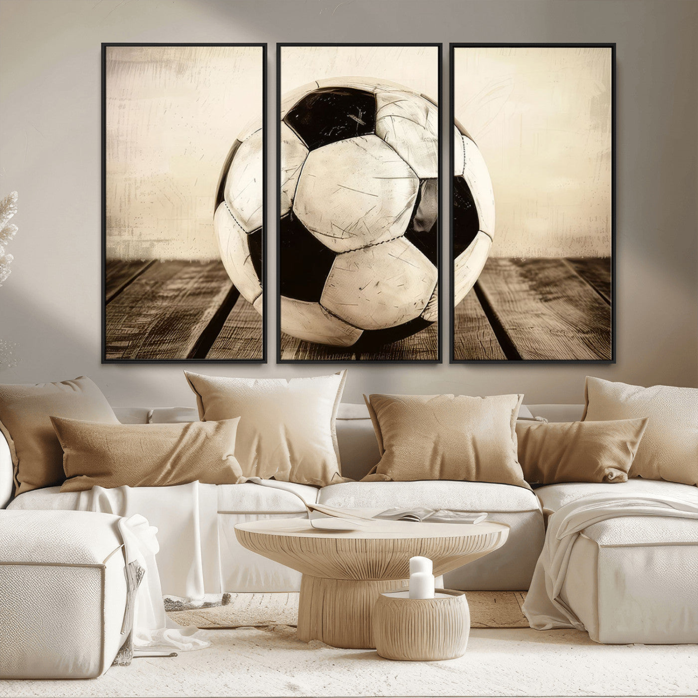 MGV-FC-48X32-3P - Vintage Soccer Ball Wall Decor Canvas Art – 3-Panel Soccer Wall Decor, Framed and Ready to Hang