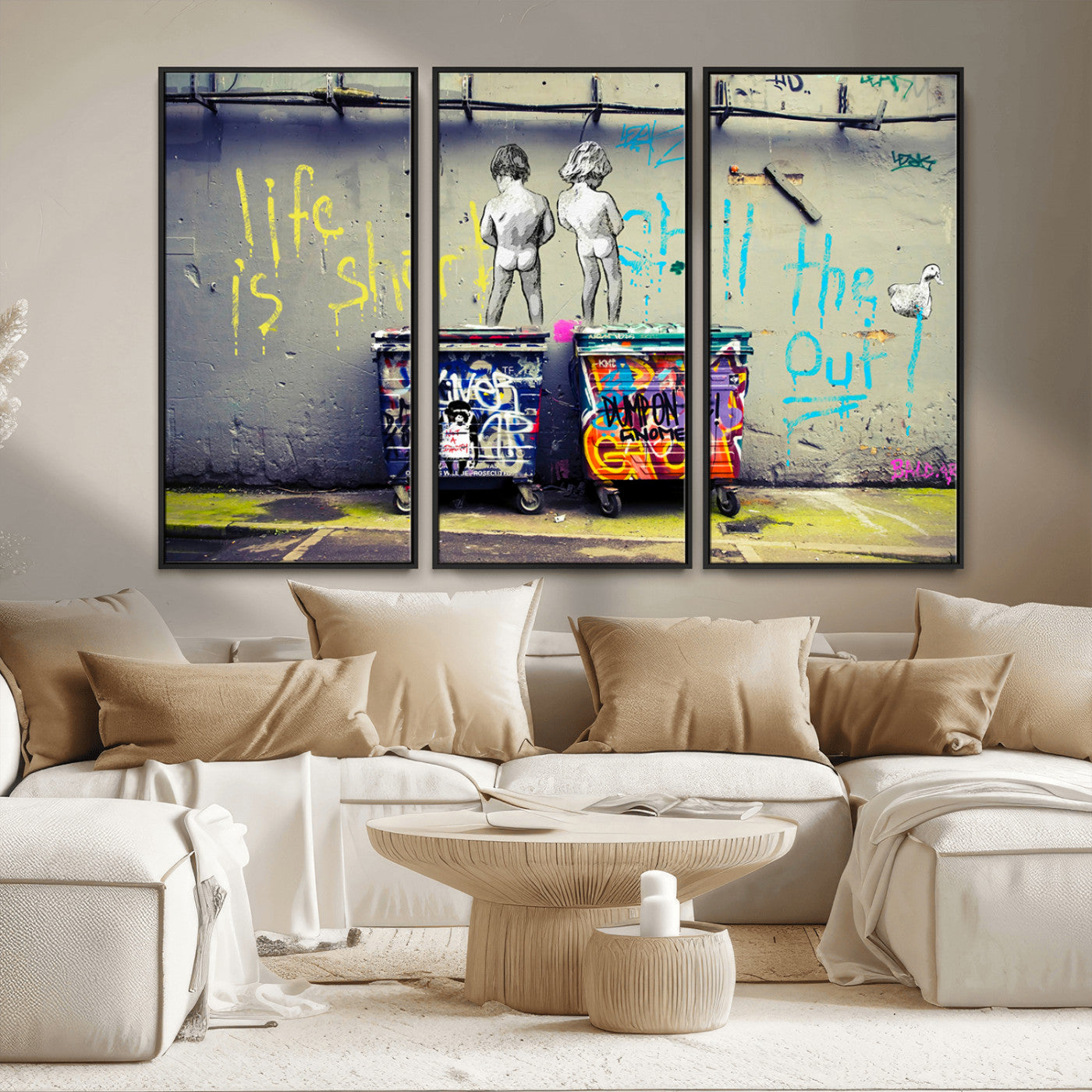 MGV-FC-48X32-3P - Banksy Life is Short Wall Art - Iconic Graffiti Art on Framed Ready-to-Hang Canvas - Street Art