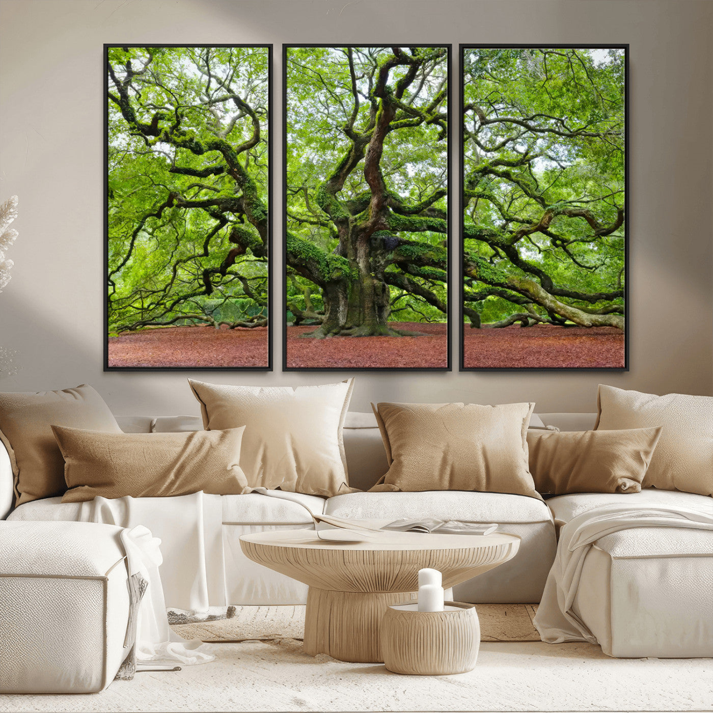 MGV-FC-48X32-3P - Framed Angel Oak Tree Wall Art - 3-Panel Canvas Prints, Large Green Nature Artwork, Ready to Hang