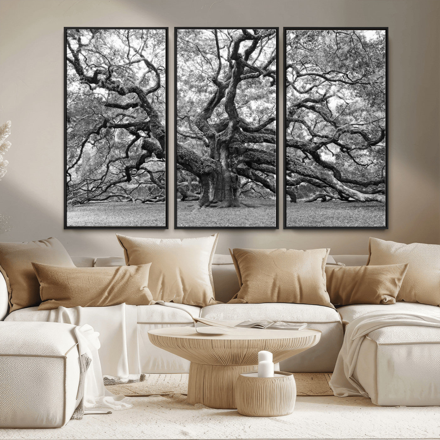 MGV-FC-48X32-3P - Black White Angel Oak Tree Wall Art - Timeless Nature-Inspired Canvas for Rustic, Modern, or