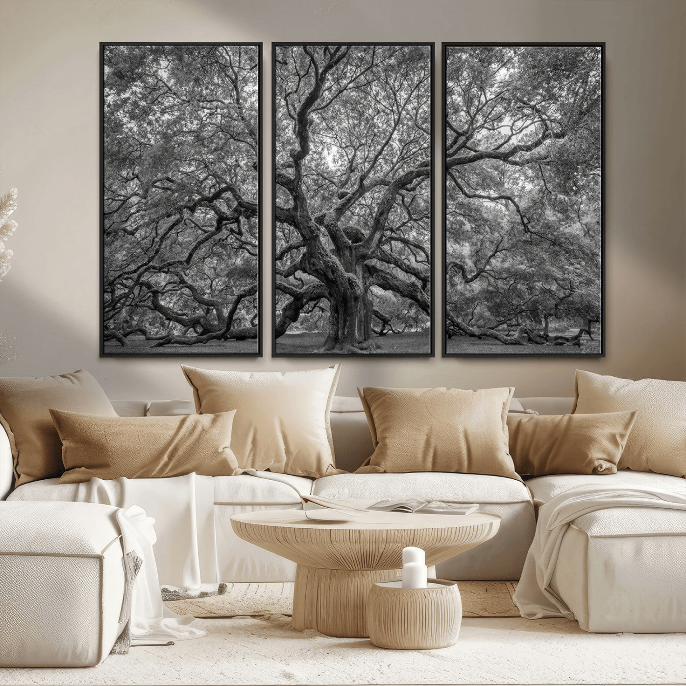 97240-MGV-FC-48X32-3P_Black-Majestic Angel Oak Tree Black and White Canvas Print – Multi Panel Wall Art, Giclée Print, Ready to