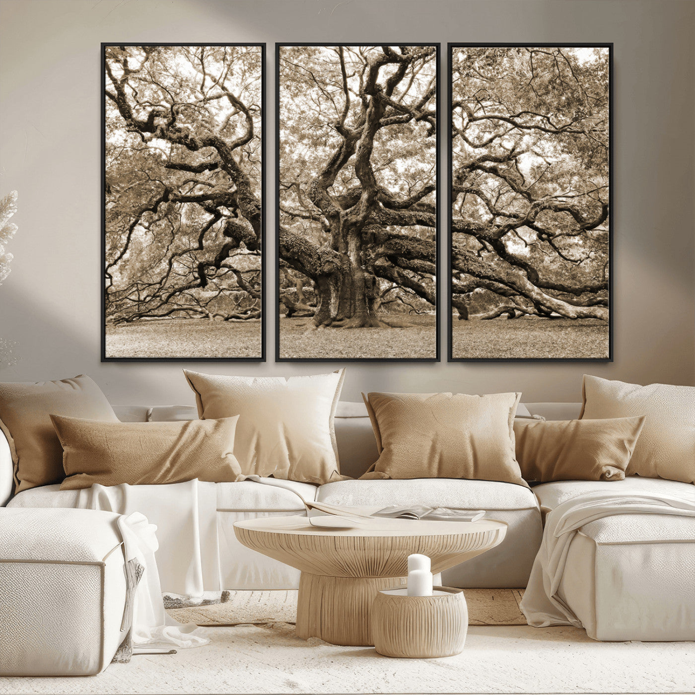 51126-MGV-FC-48X32-3P_Black-Sepia Framed Angel Oak Tree Wall Art - 3-Panel Canvas Prints, Large Green Nature Artwork, Ready to