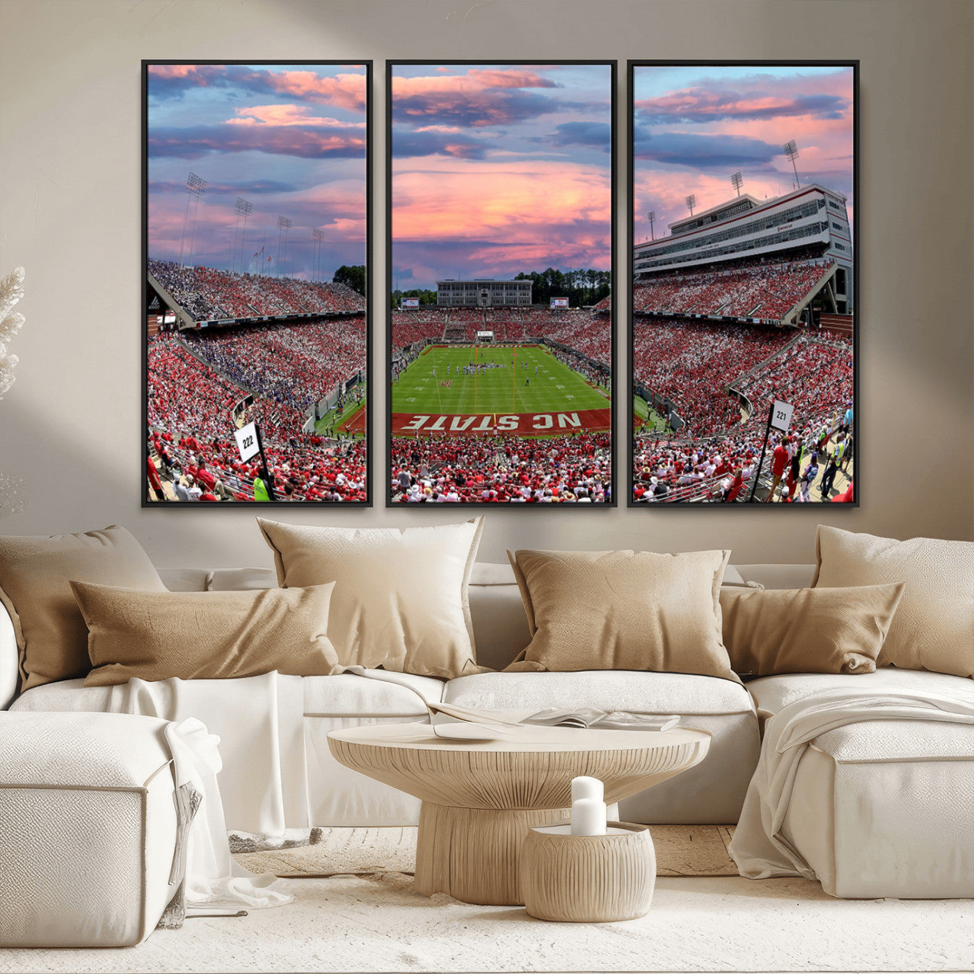 MGV-FC-48X32-3P - Carter-Finley Stadium Art Sunset Game Triple Canvas Wall Art - NC State Wolfpack Football Match
