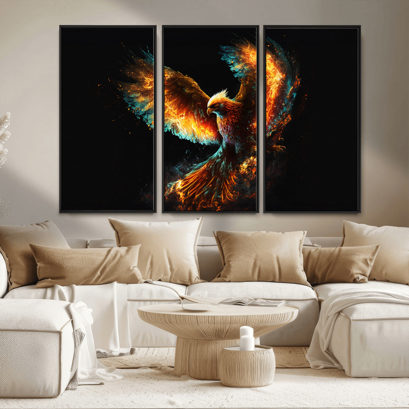 MGV-FC-48X32-3P - Fiery Phoenix Canvas Print | Ready to Hang Wall Art | Bold Fantasy Decor for Living Room | Majestic