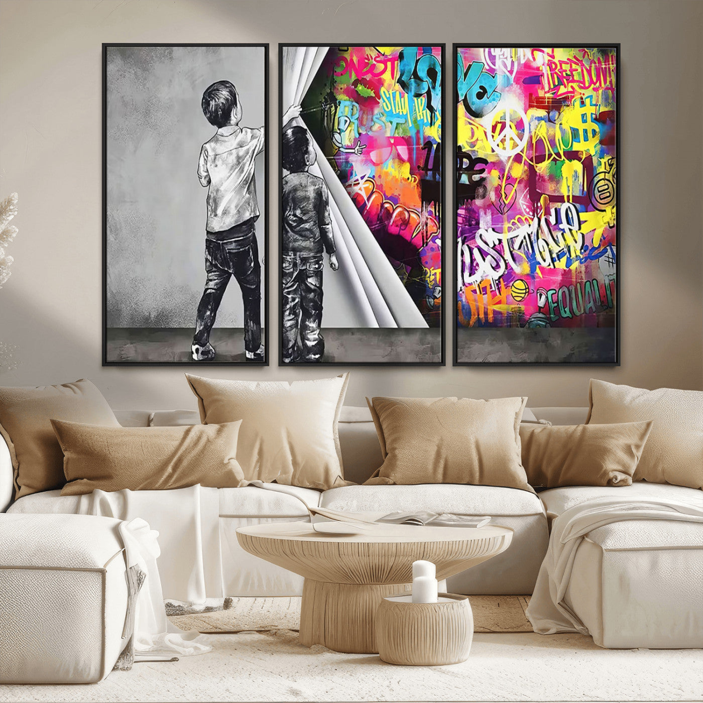 MGV-FC-48X32-3P - Banksy Print - Street Art Canvas Wall Art - Kids Revealing Graffiti, Urban Modern Decor for Living