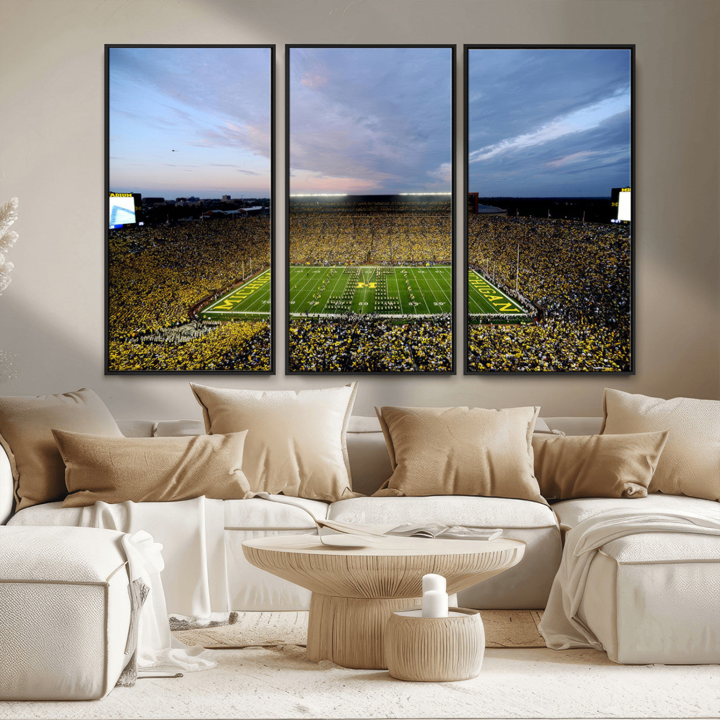 82641-MGV-FC-48X32-3P - Michigan Stadium Wall Art Canvas Print, Vibrant Game Day Crowd and Sunset Sky Football Field Artwork for Home, Office