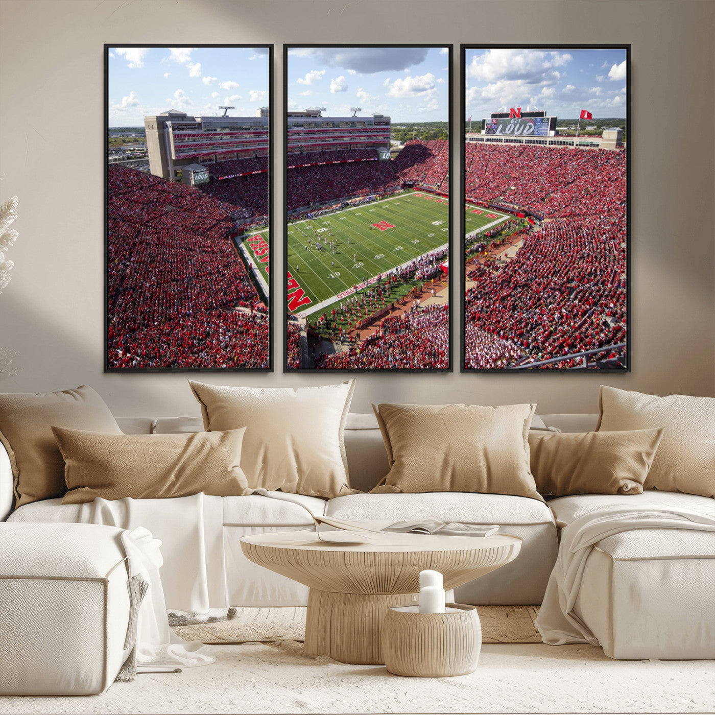 MGV-FC-48X32-3P - University of Nebraska Cornhuskers Football Team Print - Lincoln Memorial Stadium Wall Art Canvas