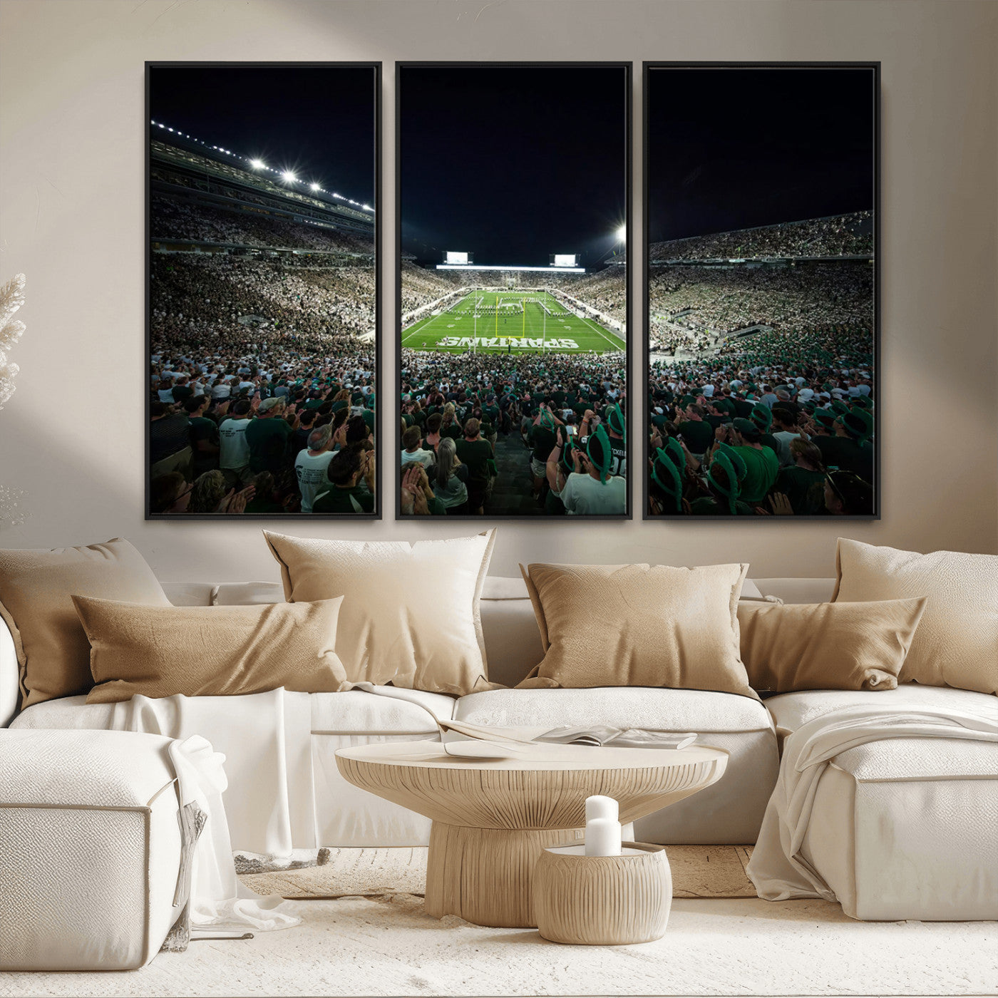 MGV-FC-48X32-3P - Framed Michigan State Spartans Football Team Print - East Lansing Spartan Stadium Wall Art Canvas