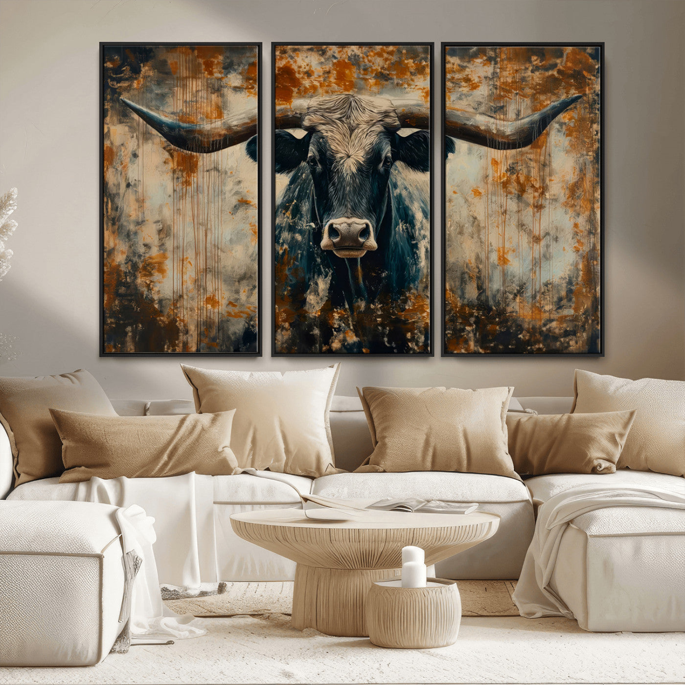 MGV-FC-48X32-3P - Abstract Longhorn Bull Wall Art | Rustic Western Wall Decor | Framed and Ready to Hang | Ideal for