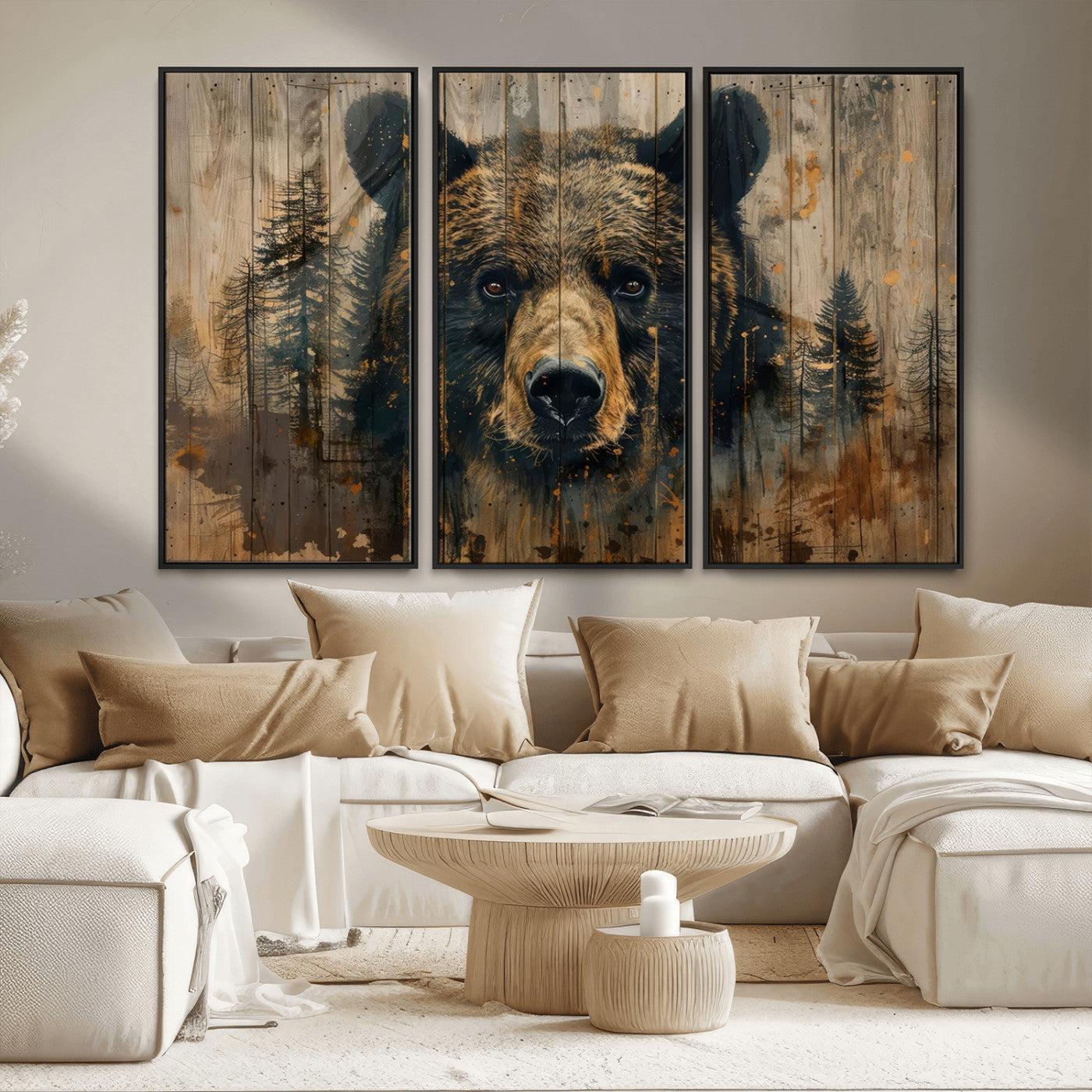 MGV-FC-48X32-3P - Abstract 399 Bear Wall Art | Rustic Cabin Wall Decor with Forest Design | Framed and Ready to Hang |