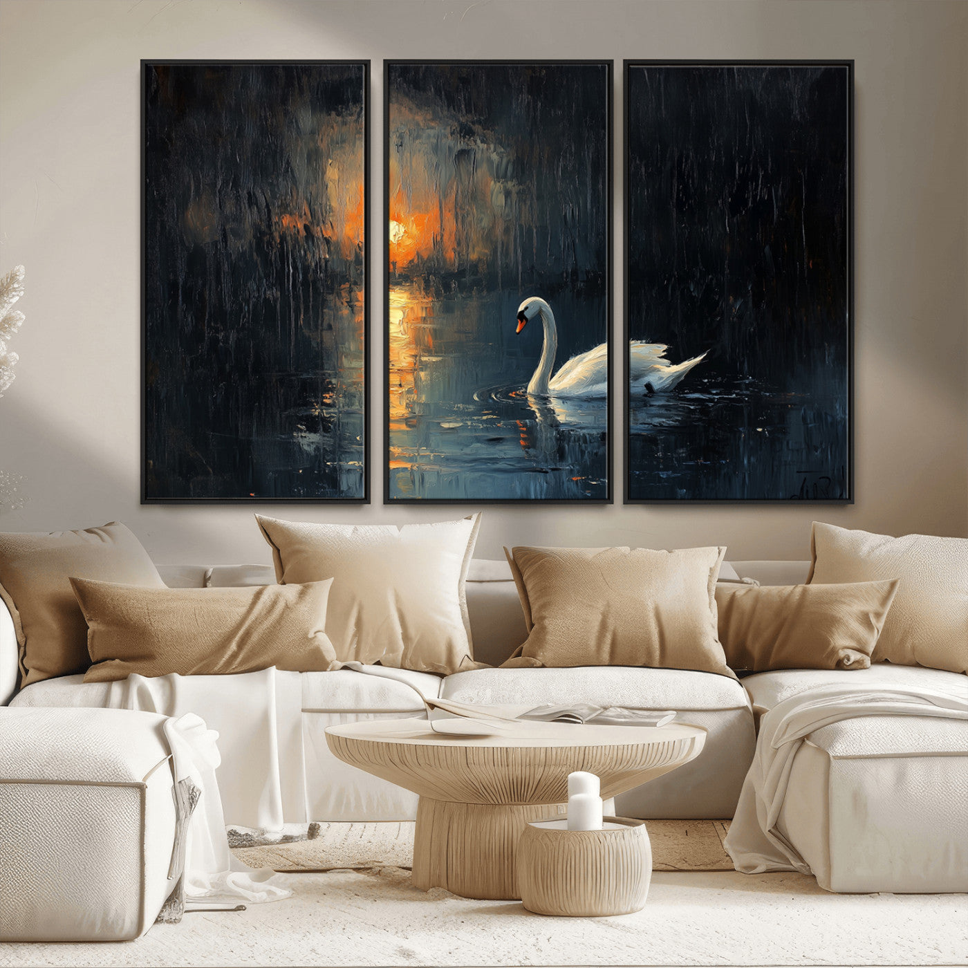MGV-FC-48X32-3P - Abstract Swan on Water Wall Art Canvas Print - Elegant Nature Scene for Modern Home Decor