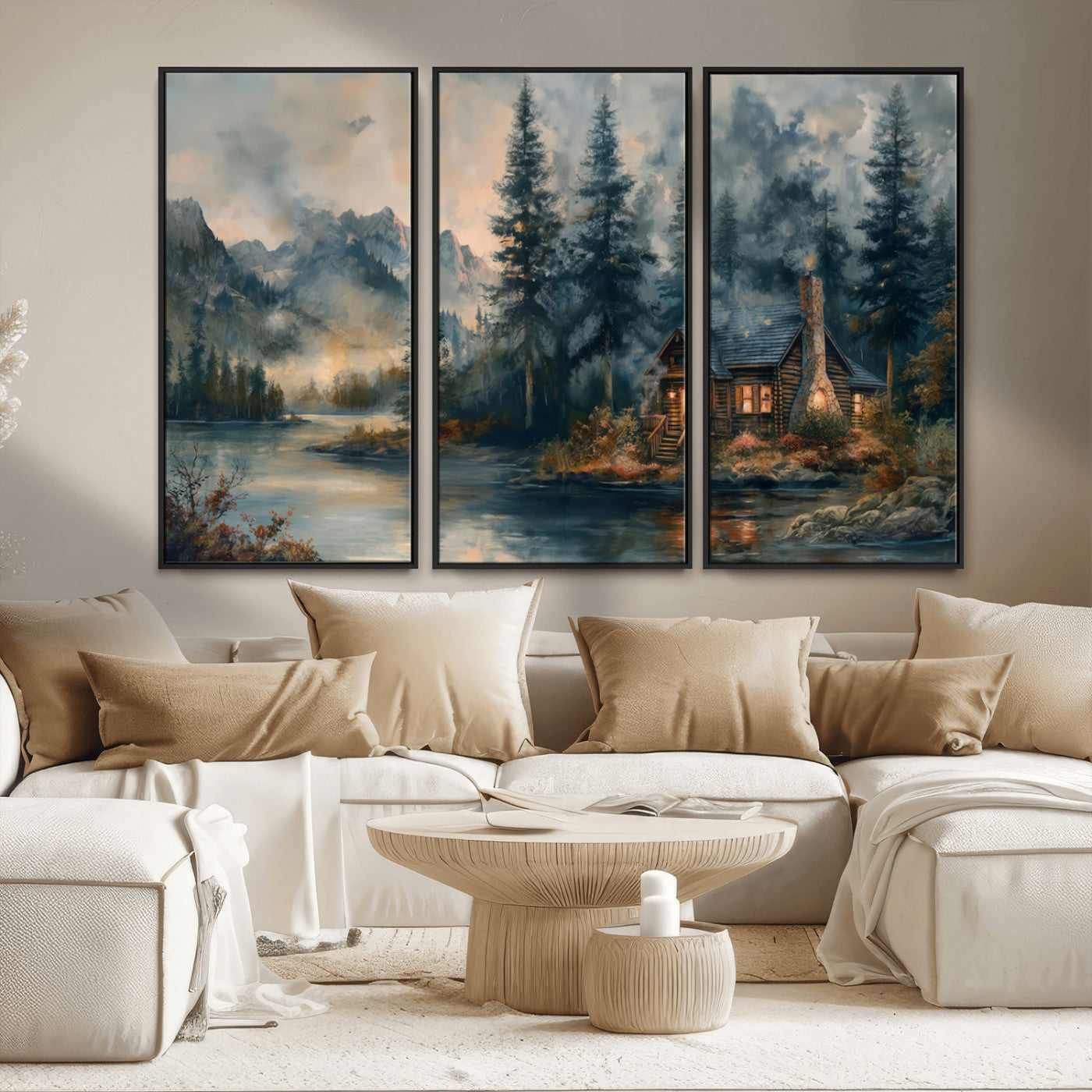 MGV-FC-48X32-3P - Rustic Cabin Woods Wall Art Print | Lake in a Forest Canvas Print | Cabin, Lodge, and Farmhouse