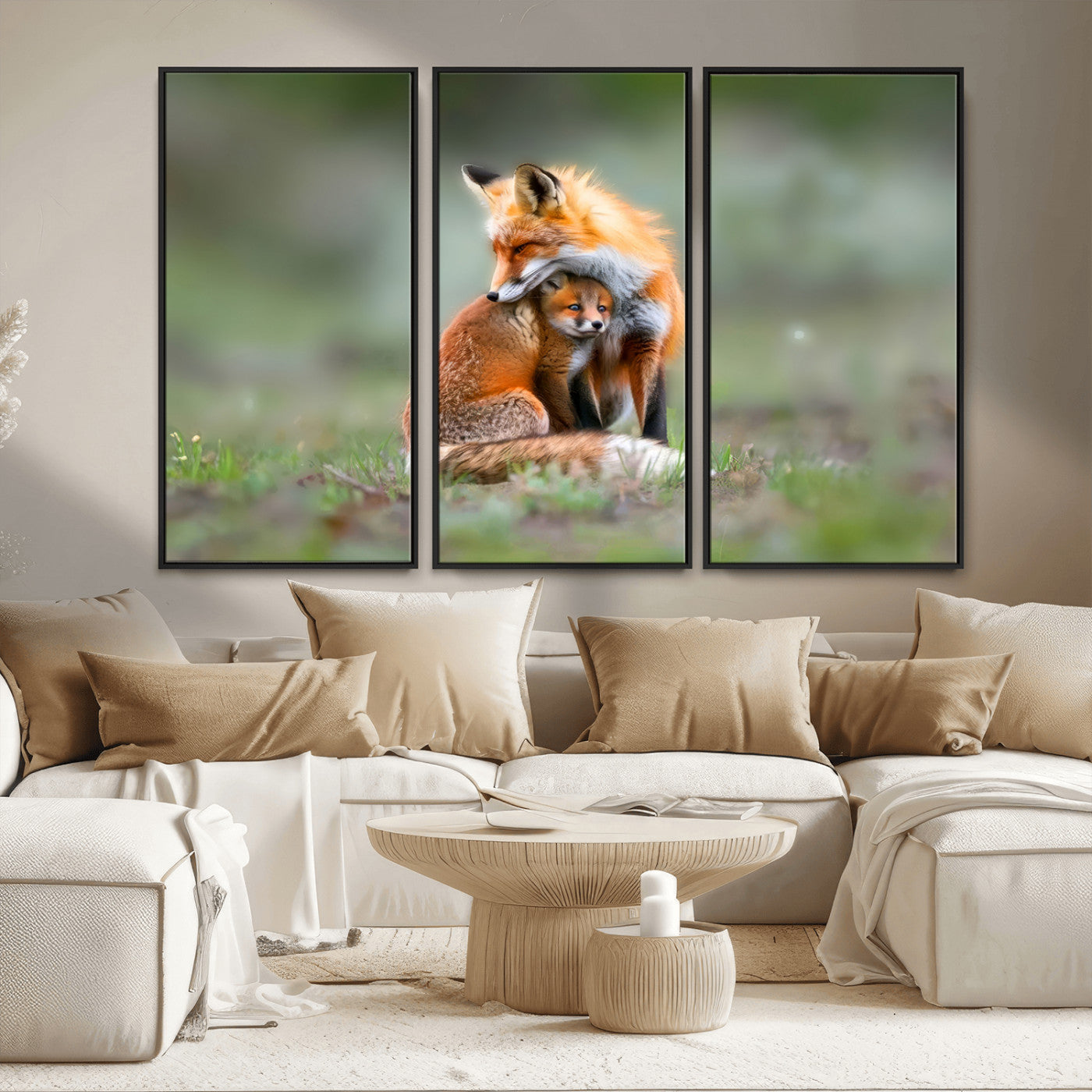 MGV-FC-48X32-3P - Heartwarming Fox and Baby Cub Wall Art | Ready to Hang Canvas Print of Foxes in Nature | Perfect for