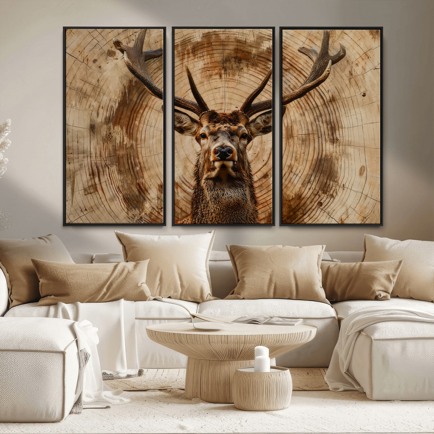 MGV-FC-48X32-3P - Wood Abstract Deer Wall Art | Rustic Wildlife Canvas Print | Ready to Hang Stag Head Triptych for