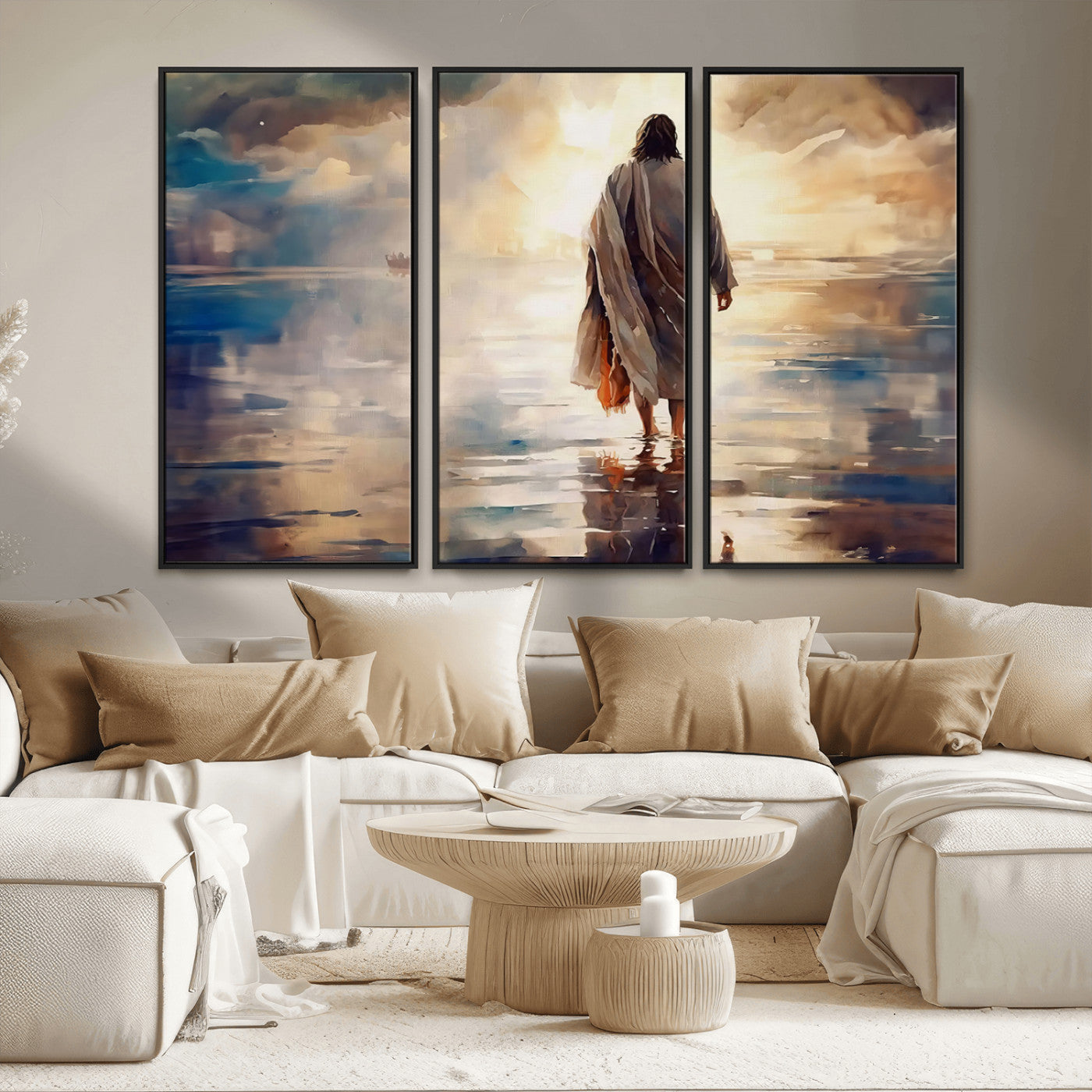MGV-FC-48X32-3P - Jesus Walking on Water Wall Art | Ready to Hang Spiritual Triptych Canvas Print | Inspirational
