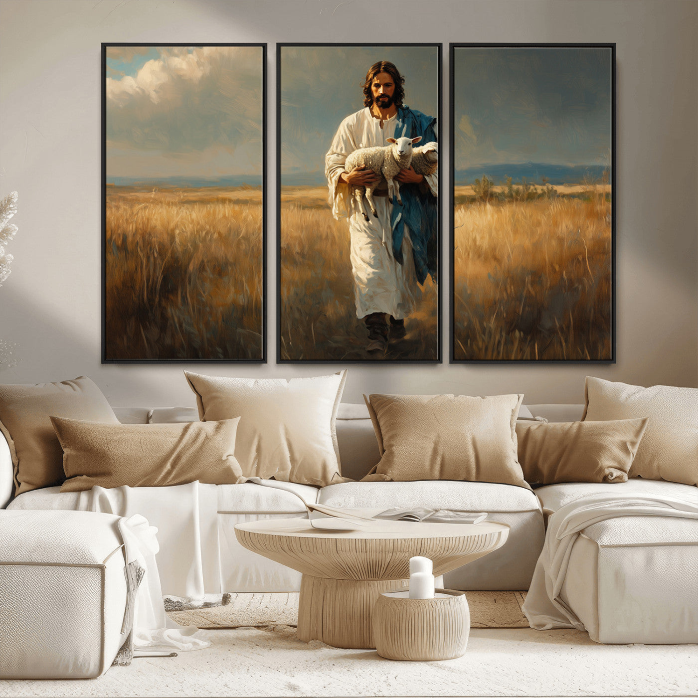 MGV-FC-48X32-3P - Jesus Shepherd Wall Art | Ready to Hang Triptych Canvas of Jesus Holding a Lamb in a Field |
