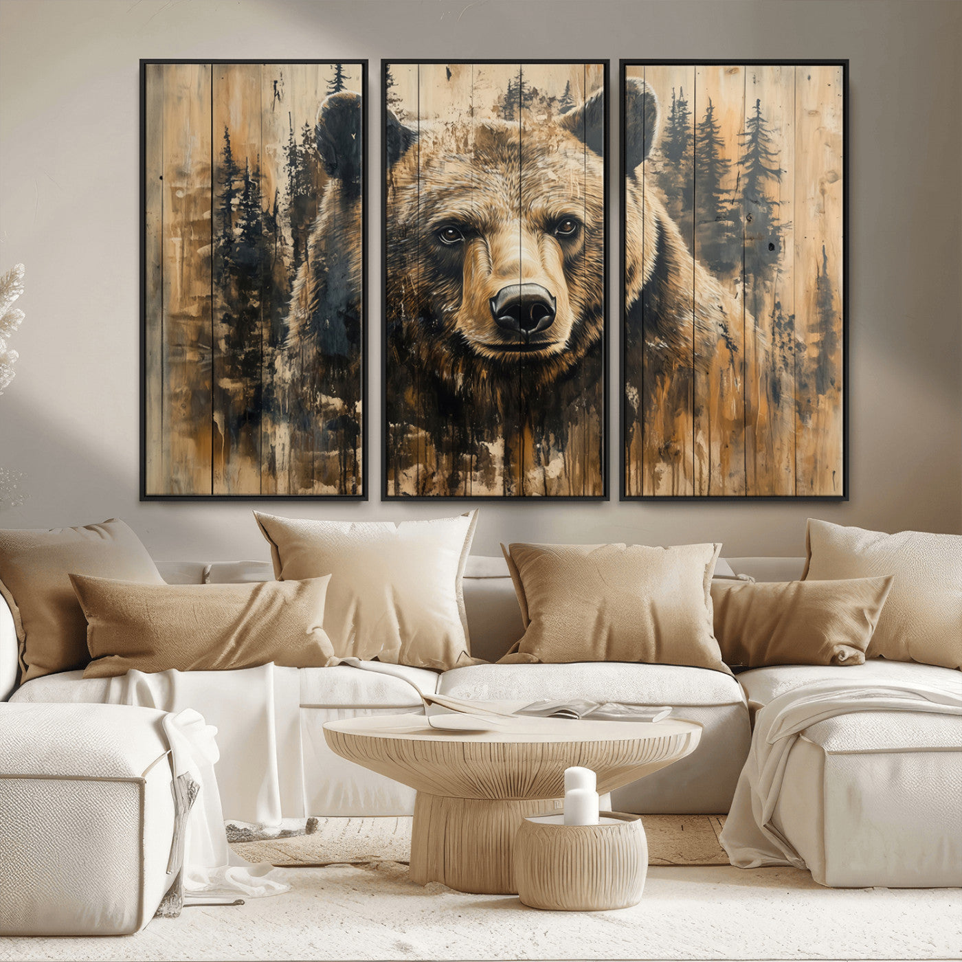 MGV-FC-48X32-3P - Majestic Grizzly 399 Bear Wall Art | 3-Panel Rustic Canvas Print for Living Room, Office, or Cabin
