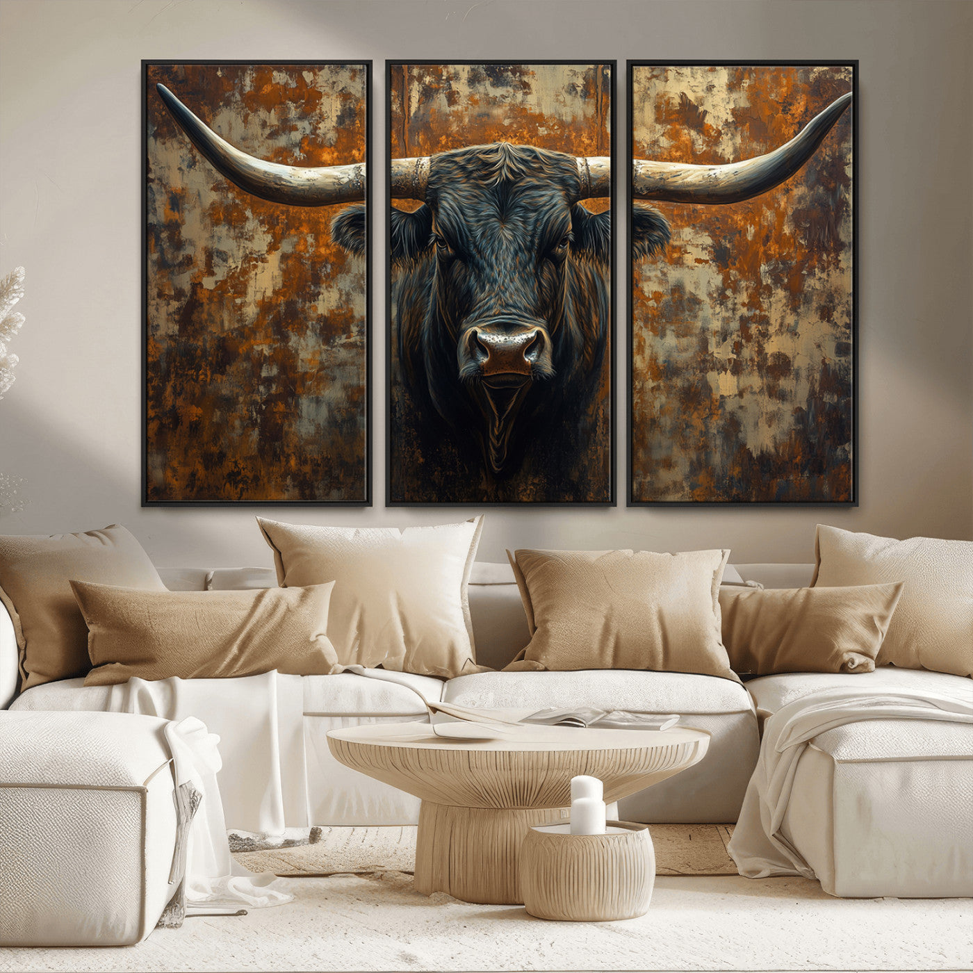 MGV-FC-48X32-3P - Longhorn Texas Cow Bull Wall Art | Rustic Farmhouse Canvas Print | Ready to Hang Barn Decor for