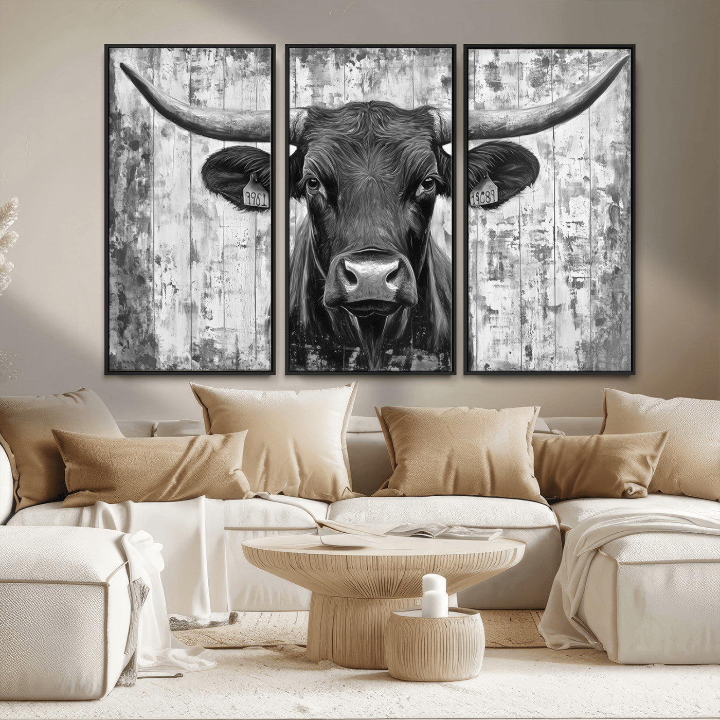 MGV-FC-48X32-3P - Abstract Longhorn Bull Wall Art Canvas Print - Rustic Texas Western Cow Artwork