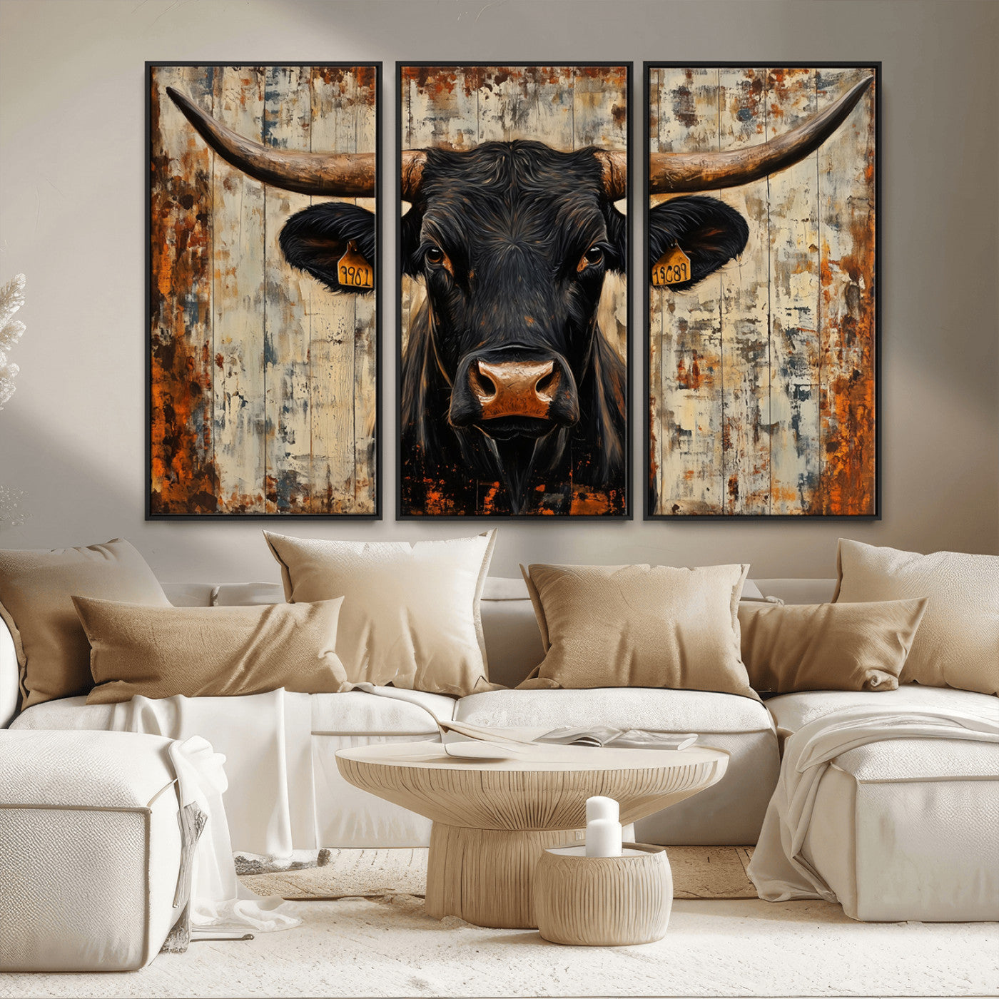 MGV-FC-48X32-3P - Rustic Texas Artwork Wall Art Canvas Print - Abstract Cow Longhorn Bull Wall Art Canvas Print