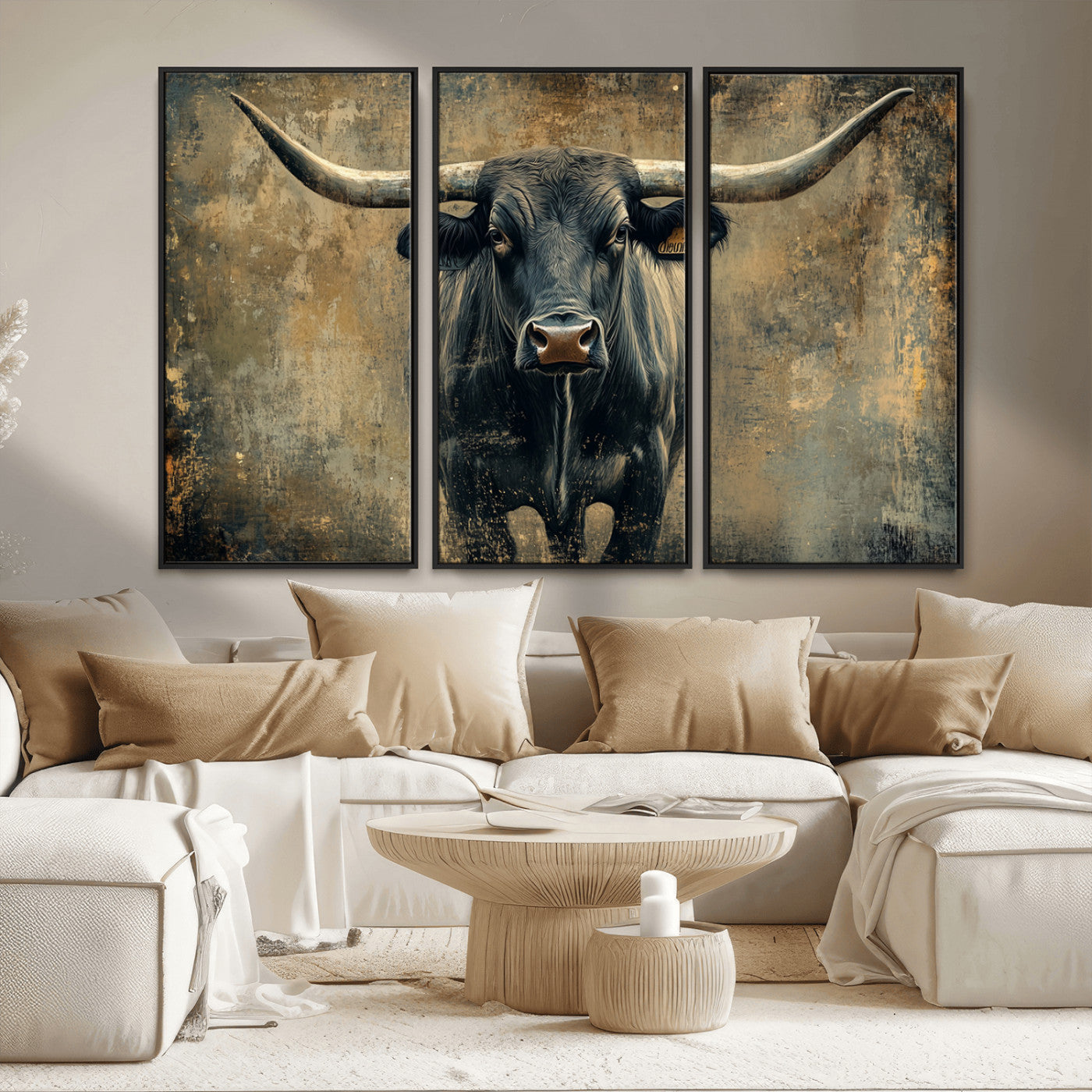 MGV-FC-48X32-3P - Longhorn Bull Wall Art Canvas Print, Framed Rustic Cow Art Picture Print, Texas Longhorn Perfect Western Decor Artwork