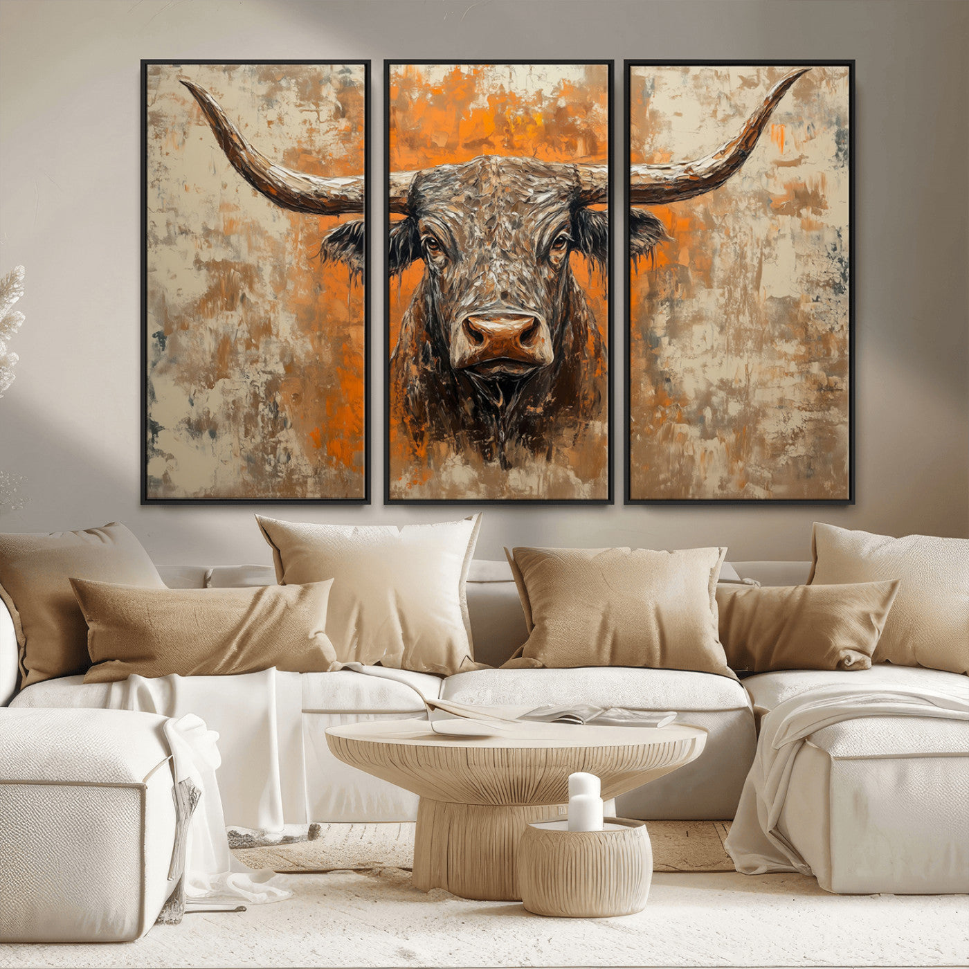 MGV-FC-48X32-3P - Abstract Cow Longhorn Bull Wall Art Canvas Print - Rustic Texas Western Cattle Artwork