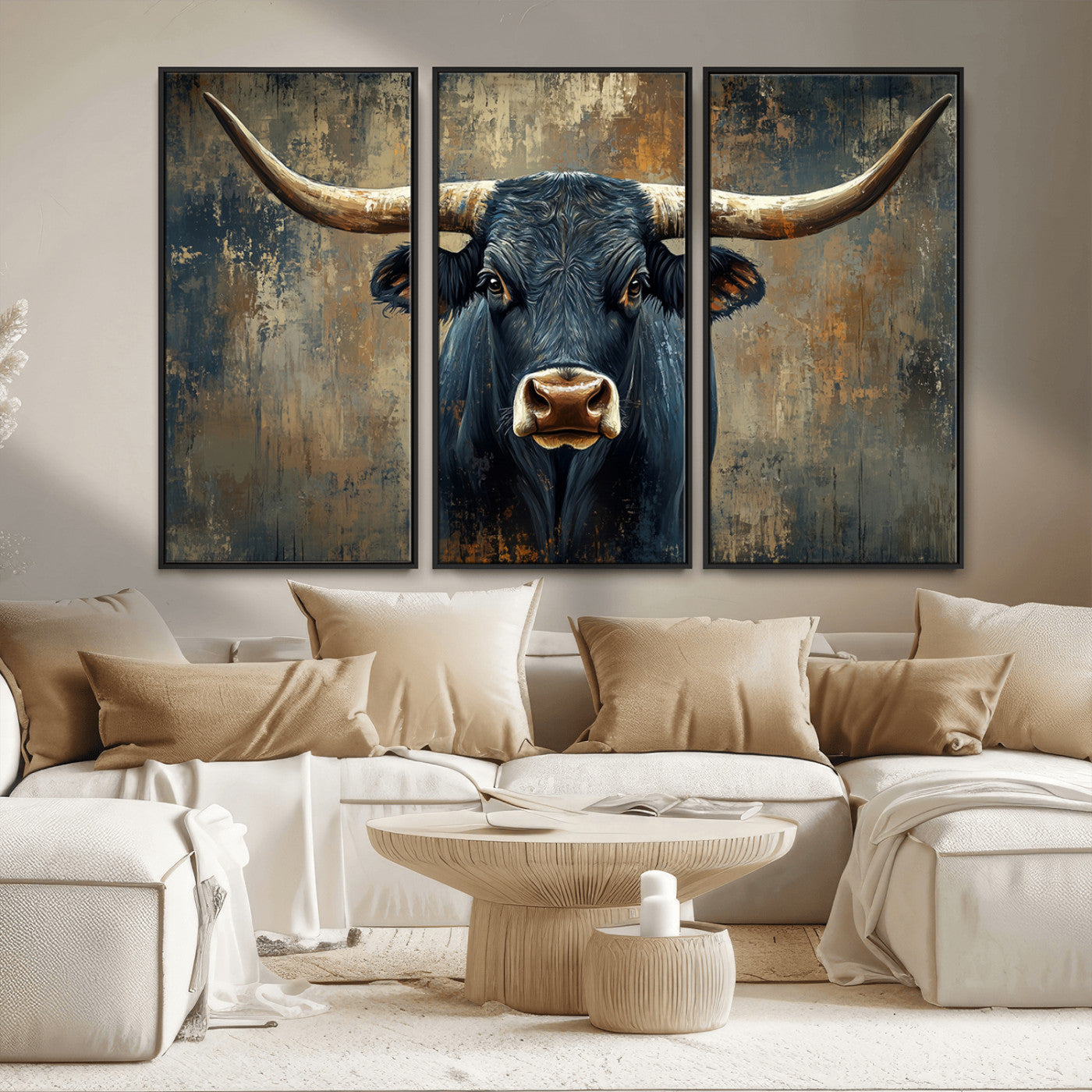 MGV-FC-48X32-3P - Texas Western Wall Art Canvas Print - Abstract Cow Longhorn Bull Wall Art Canvas Print - Rustic Cow