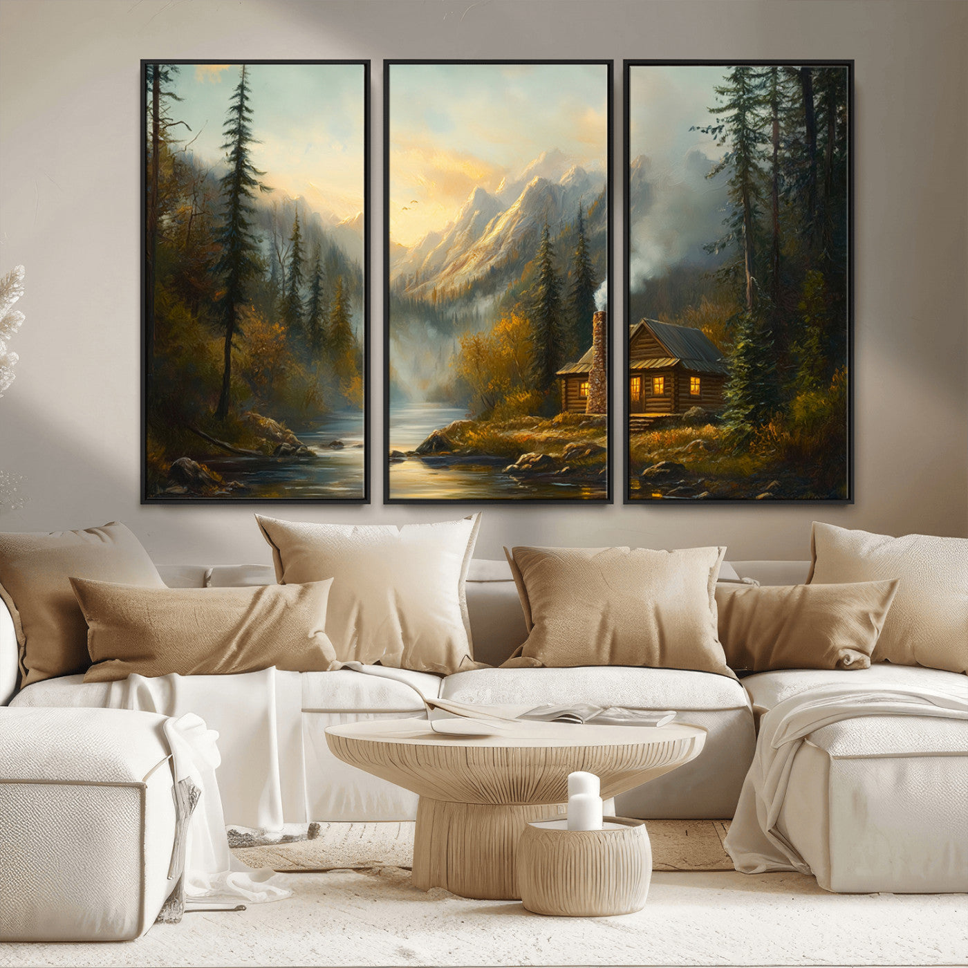 MGV-FC-48X32-3P - Wood Cabin Retreat Mountain at Sunset Wall Art Print - Serene Forest and River Landscape Wall Art