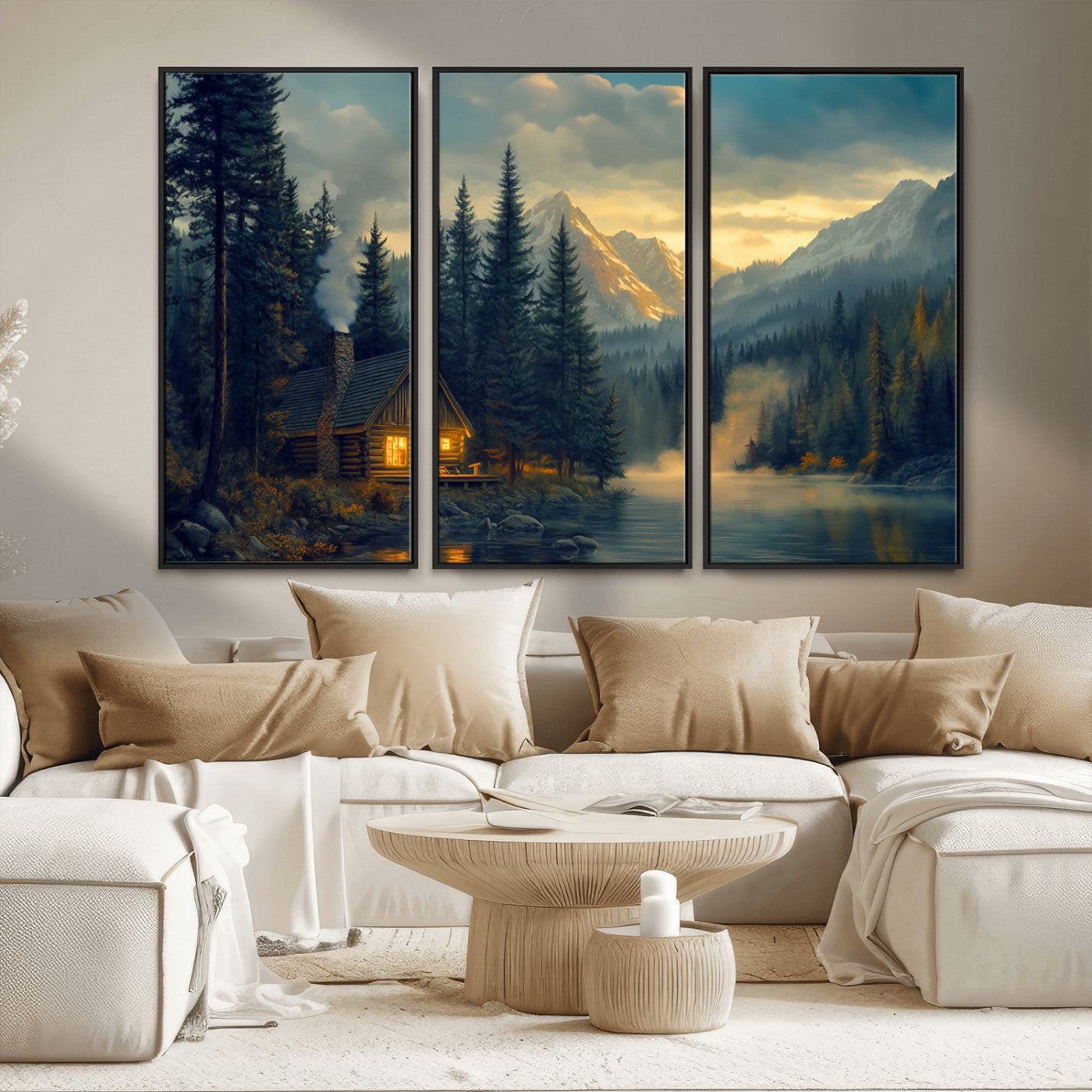 MGV-FC-48X32-3P - Mountain Cabin by the Lake at Sunset Wall Art - Serene Nature Canvas Print for Living Room Decor,