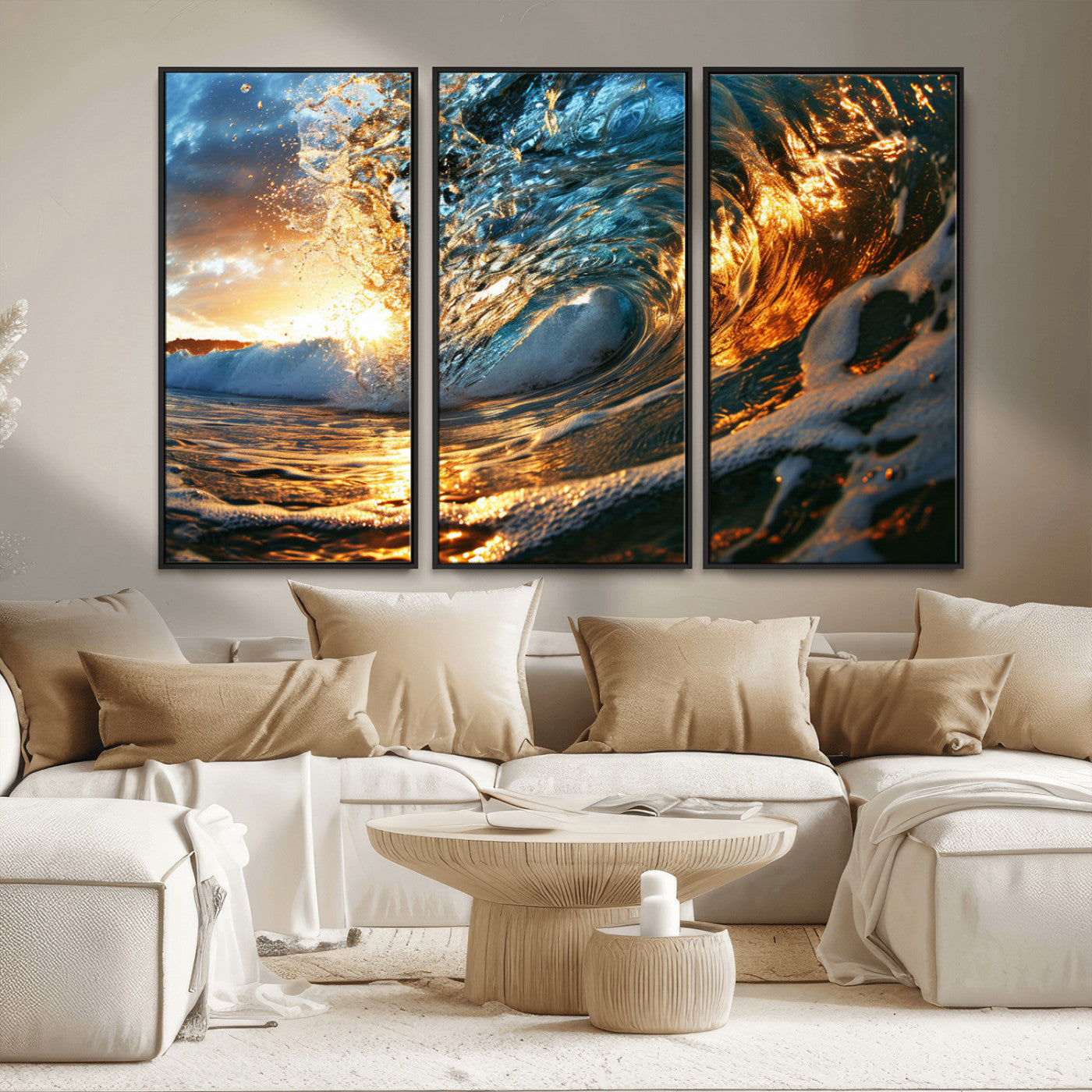MGV-FC-48X32-3P - Ocean Wave at Sunset Canvas Wall Art – Vibrant Coastal Beach Waves Print, Large Nautical Decor,