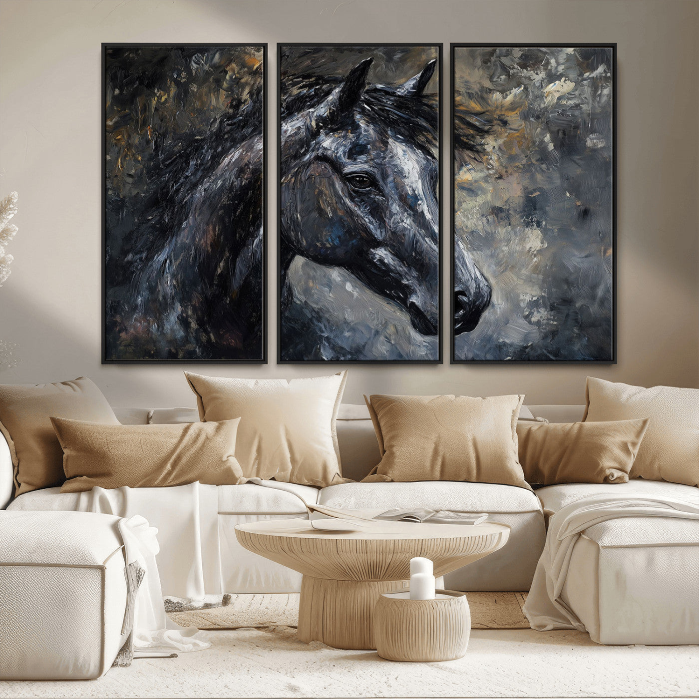 MGV-FC-48X32-3P - Large Abstract Horse Wall Art Canvas Print | Farmhouse Wall Decor | Rustic Horse Art | Western Cabin