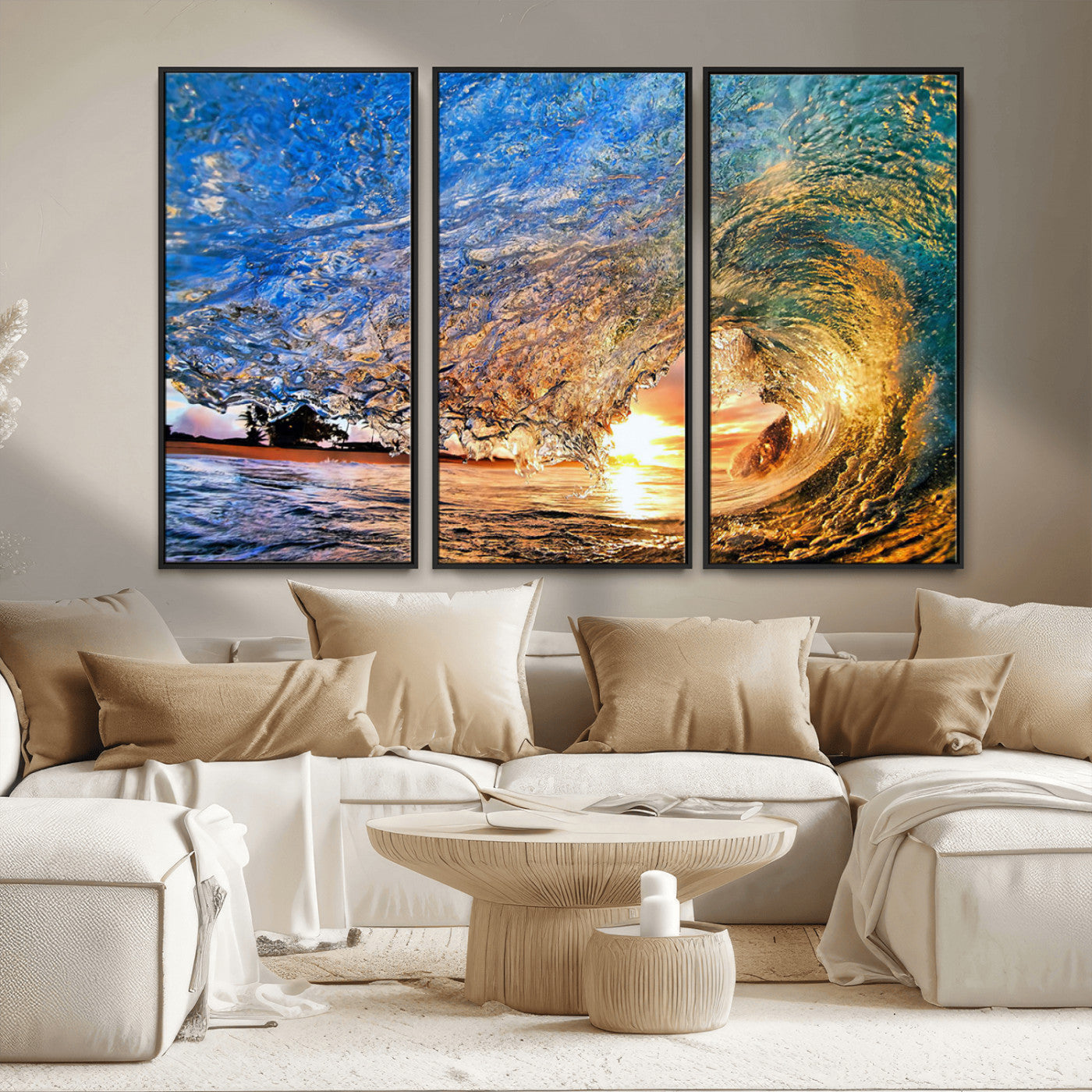 MGV-FC-48X32-3P - Ocean Wave at Sunset Canvas Wall Art – Vibrant Coastal Beach Waves Print, Large Nautical Decor,