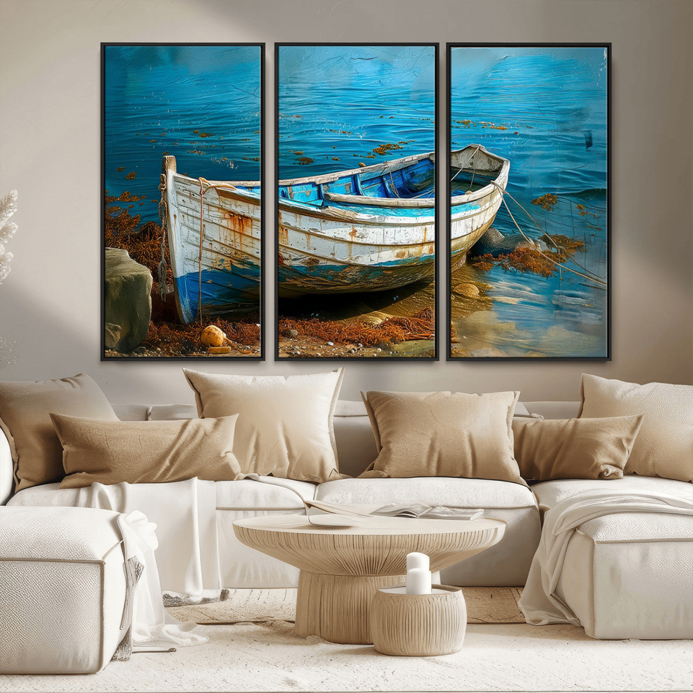 MGV-FC-48X32-3P - Vintage Boat on Tranquil Waters | Coastal Wall Art for Nautical Decor | Rustic Triptych Canvas Print
