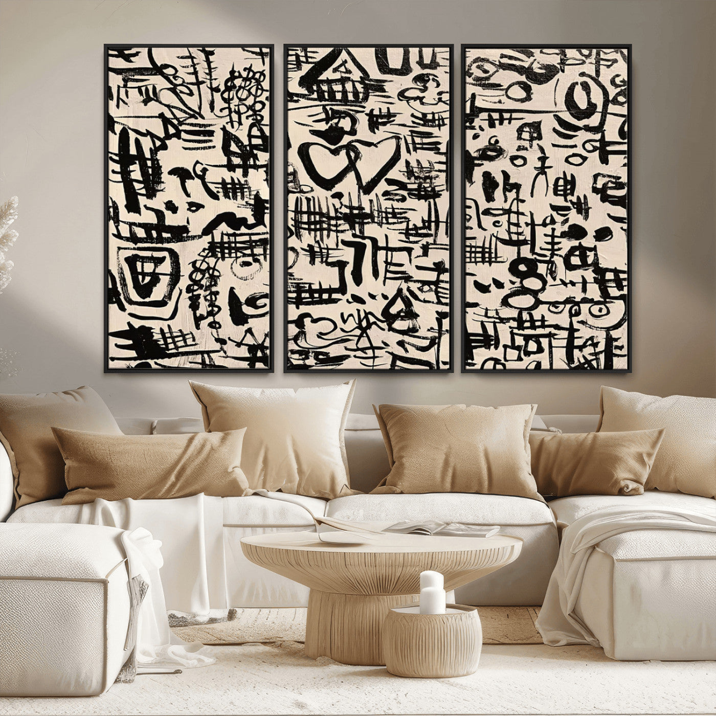 68273-MGV-FC-48X32-3P - Abstract Love and Chaos Canvas Print, Black Symbols on Beige