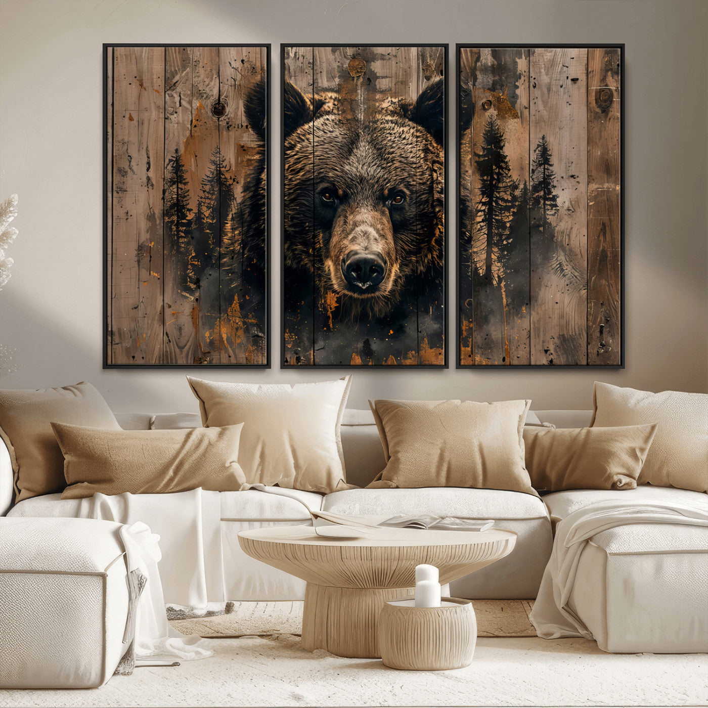MGV-FC-48X32-3P - Rustic Grizzly 399 Wall Art | Triptych Canvas Print | Rustic Cabin Wall Decor | Perfect for