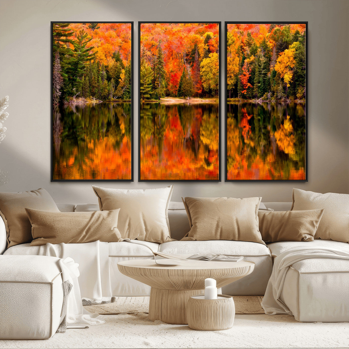 MGV-FC-48X32-3P - Forest Reflection Art | Autumn Forest Reflection Wall Art | Triptych Canvas Print | Vibrant Fall