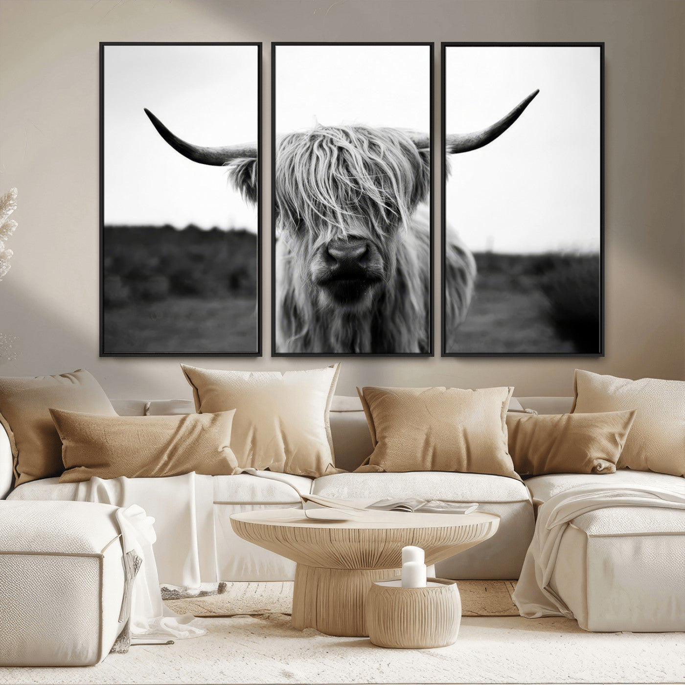 MGV-FC-48X32-3P - Highland Cow Wall Art | Black and White Farmhouse Decor | Triptych Canvas Print | Rustic Barn Decor